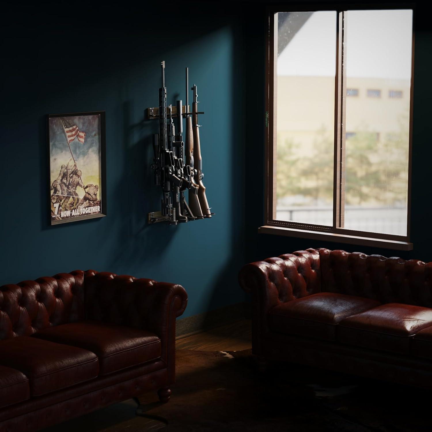 imageBLAT Indoor Gun Rack for Wall Rifle Rack and Shotgun Wall Mount Rustic Wood and Solid Steel Vertical Gun Rack Wall Mount for Home Garage Office or Retail Shop5 Firearms  Wood