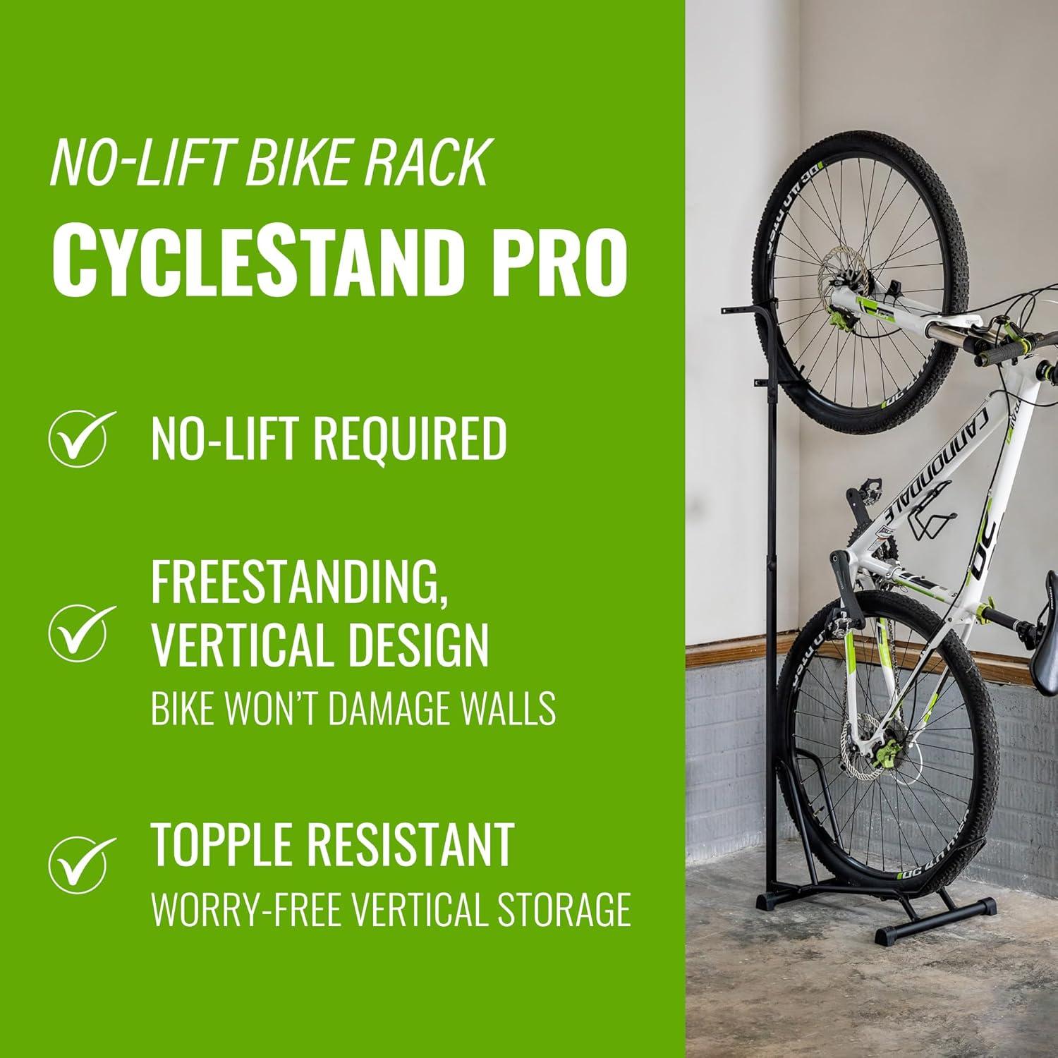 imageCycleStand Pro Vertical Bike Floor Stand Indoor Bicycle Rack for Garage Upright Bike Mount Storage Holds MTB Road and Ebike Stand Bike Parking Rack Fits Tires up to 35