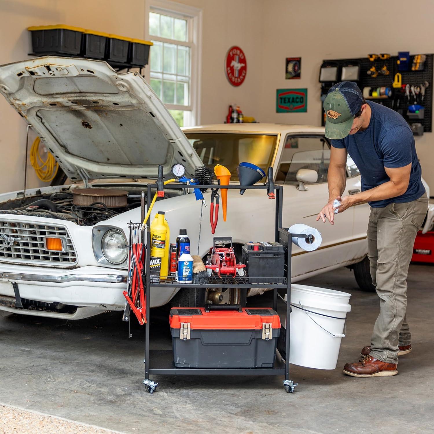 imageLarge Cleaning Caddy with Wheels 3 Tiered Rolling Cart Auto Detailing Cart Car Truck SUV Boat RV Rolling Cleaning Caddy Polisher Holder 37 in x 17 in x 26 in Solid Steel Holds 250 lbs