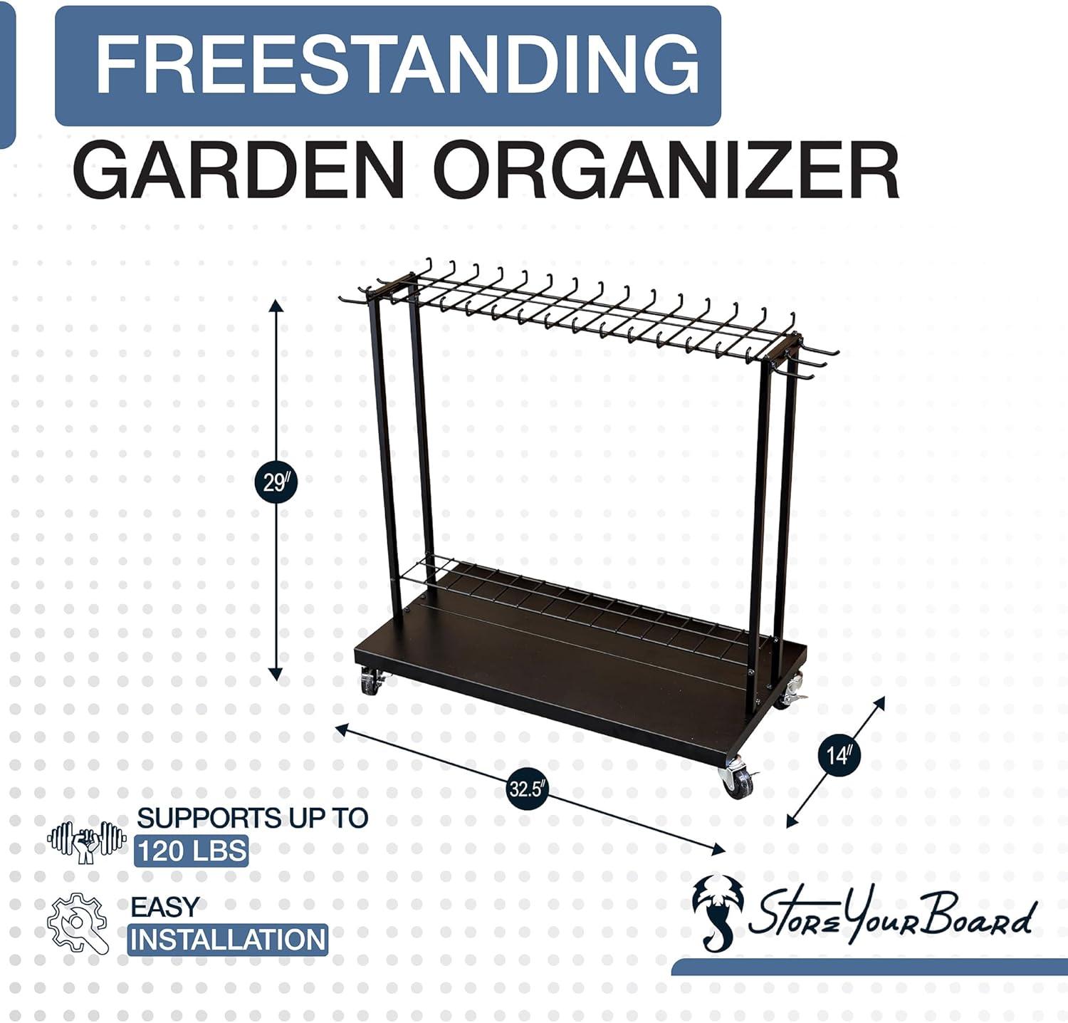 imageShovel Shuttle Mobile Tool Storage Garden Cart on Wheels Freestanding Garden Organizer Holds Rakes Power Tools Rolling Yard Tool Organizer