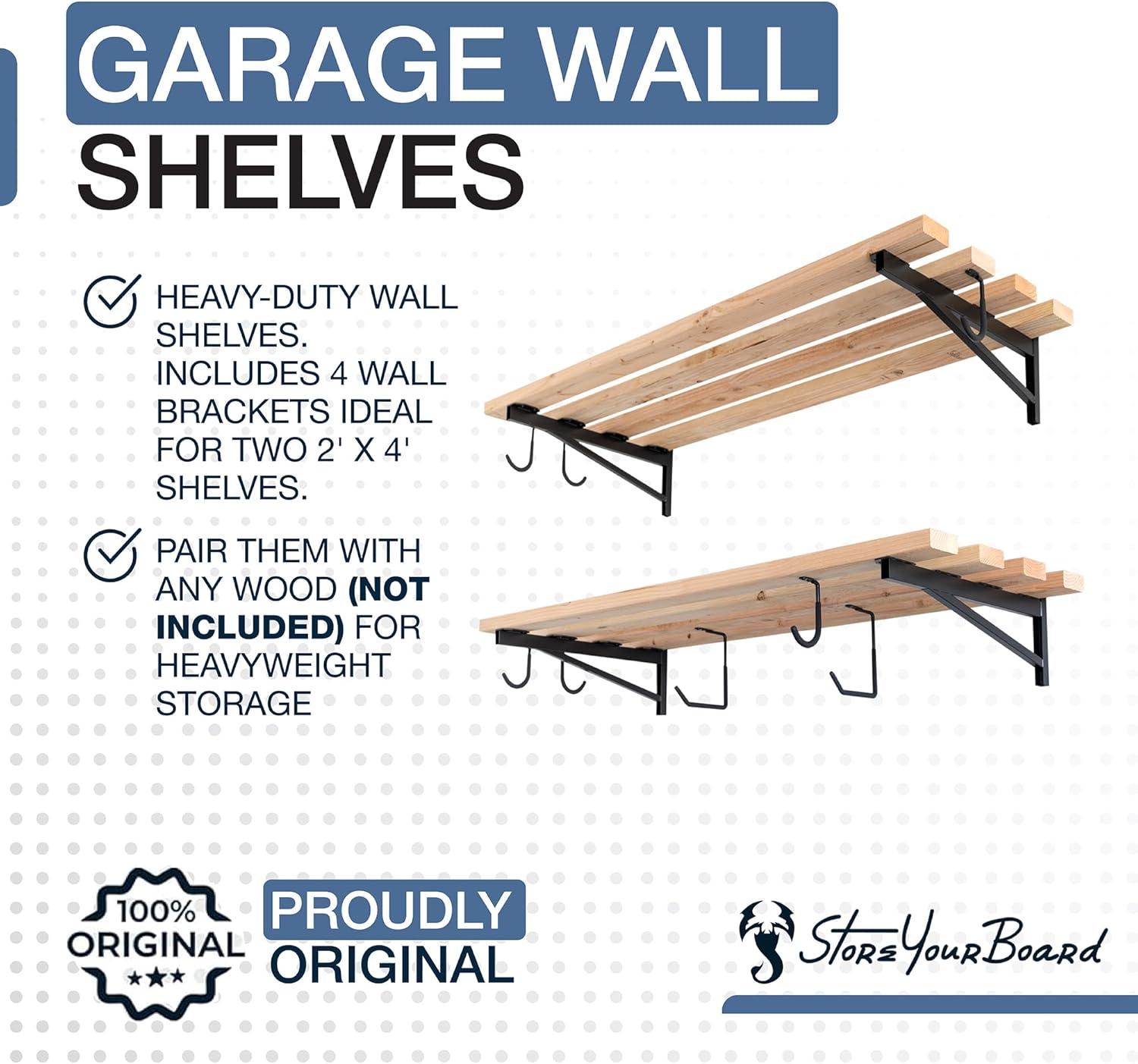 imageStoreYourBoard 24 Inch Heavy Duty Shelf Brackets Set of 4 for 2 x 4 DIY Garage Wall Shelves Holds 600 lbs Solid Steel Includes 6 Hooks for Hanging Storage 2375quot x 1quot x 95quot2 x 4