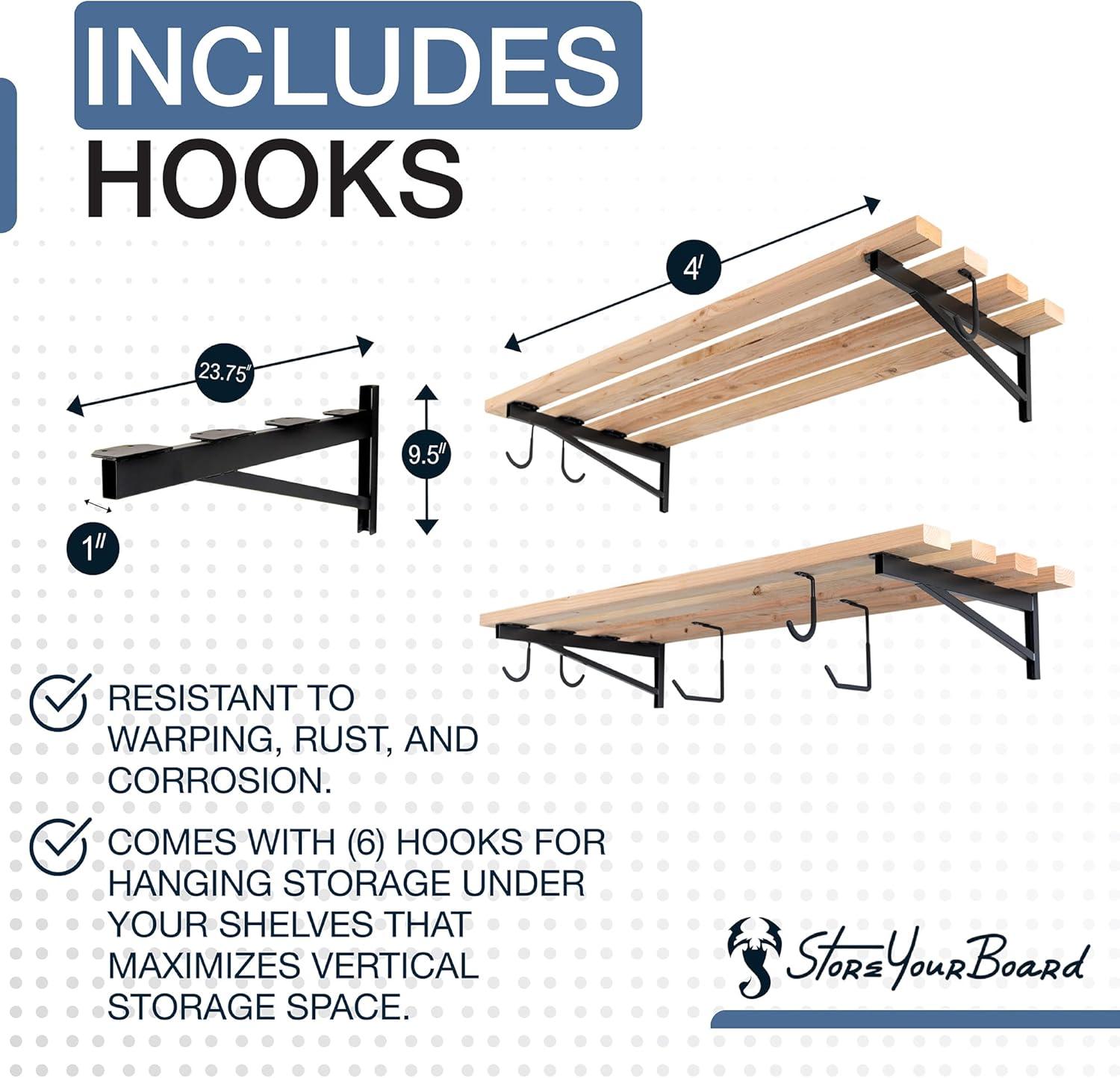 imageStoreYourBoard 24 Inch Heavy Duty Shelf Brackets Set of 4 for 2 x 4 DIY Garage Wall Shelves Holds 600 lbs Solid Steel Includes 6 Hooks for Hanging Storage 2375quot x 1quot x 95quot2 x 4