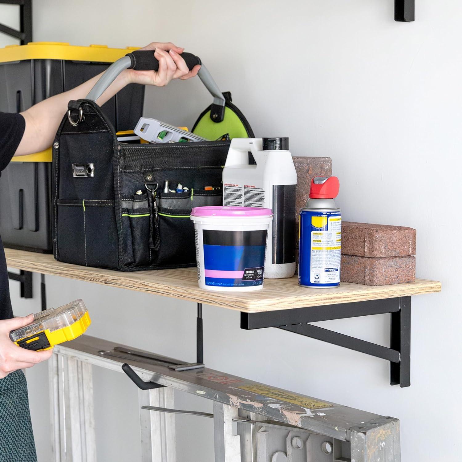 imageStoreYourBoard 24 Inch Heavy Duty Shelf Brackets Set of 4 for 2 x 4 DIY Garage Wall Shelves Holds 600 lbs Solid Steel Includes 6 Hooks for Hanging Storage 2375quot x 1quot x 95quot1 x 4