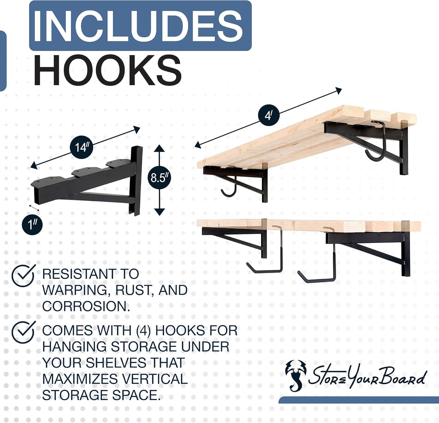 imageStoreYourBoard 24 Inch Heavy Duty Shelf Brackets Set of 4 for 2 x 4 DIY Garage Wall Shelves Holds 600 lbs Solid Steel Includes 6 Hooks for Hanging Storage 2375quot x 1quot x 95quot1 x 4