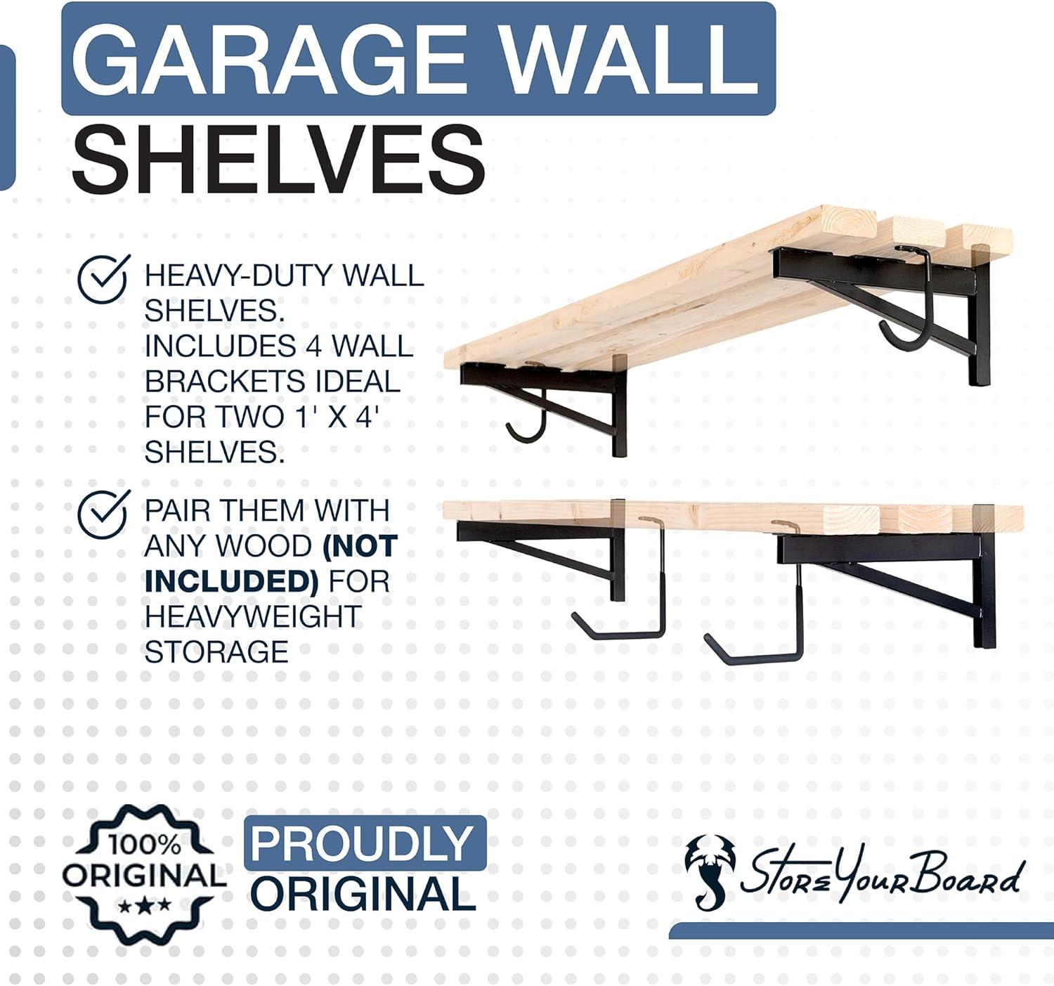 imageStoreYourBoard 24 Inch Heavy Duty Shelf Brackets Set of 4 for 2 x 4 DIY Garage Wall Shelves Holds 600 lbs Solid Steel Includes 6 Hooks for Hanging Storage 2375quot x 1quot x 95quot1 x 4