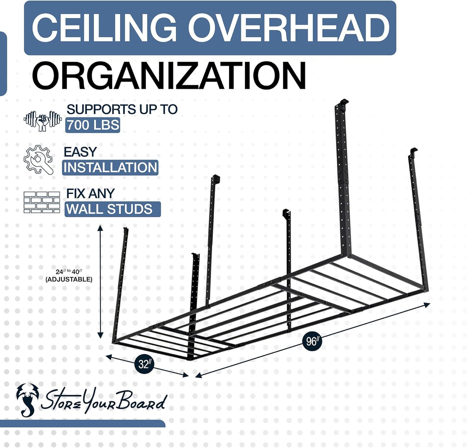 imageStoreYourBoard 4 x 8 Overhead Garage Storage Rack Ceiling Shelf Overhead Organization Heavy Duty Steel Platform Holds 700 lbs 96 in x 48 in x 40 in3 x 8 ft