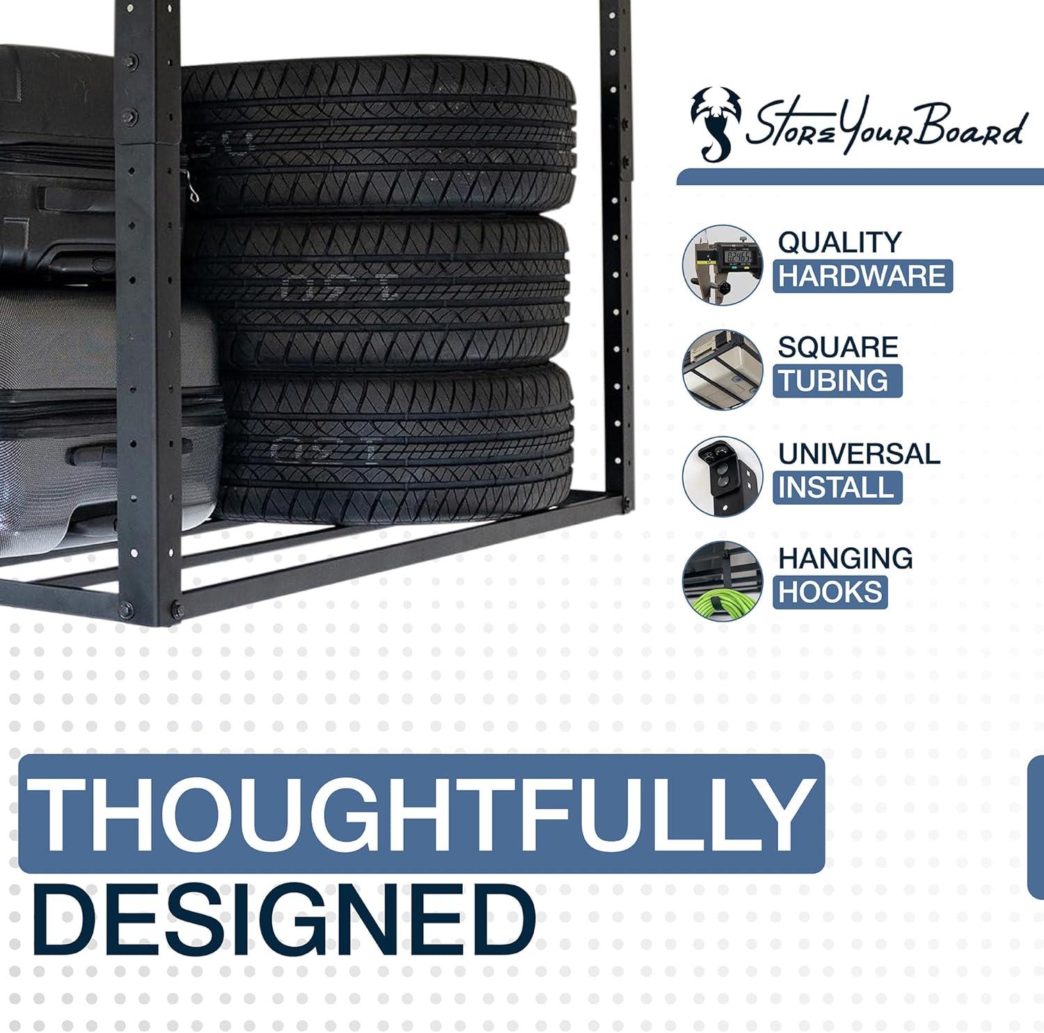 imageStoreYourBoard 4 x 8 Overhead Garage Storage Rack Ceiling Shelf Overhead Organization Heavy Duty Steel Platform Holds 700 lbs 96 in x 48 in x 40 in3 x 8 ft with Hooks