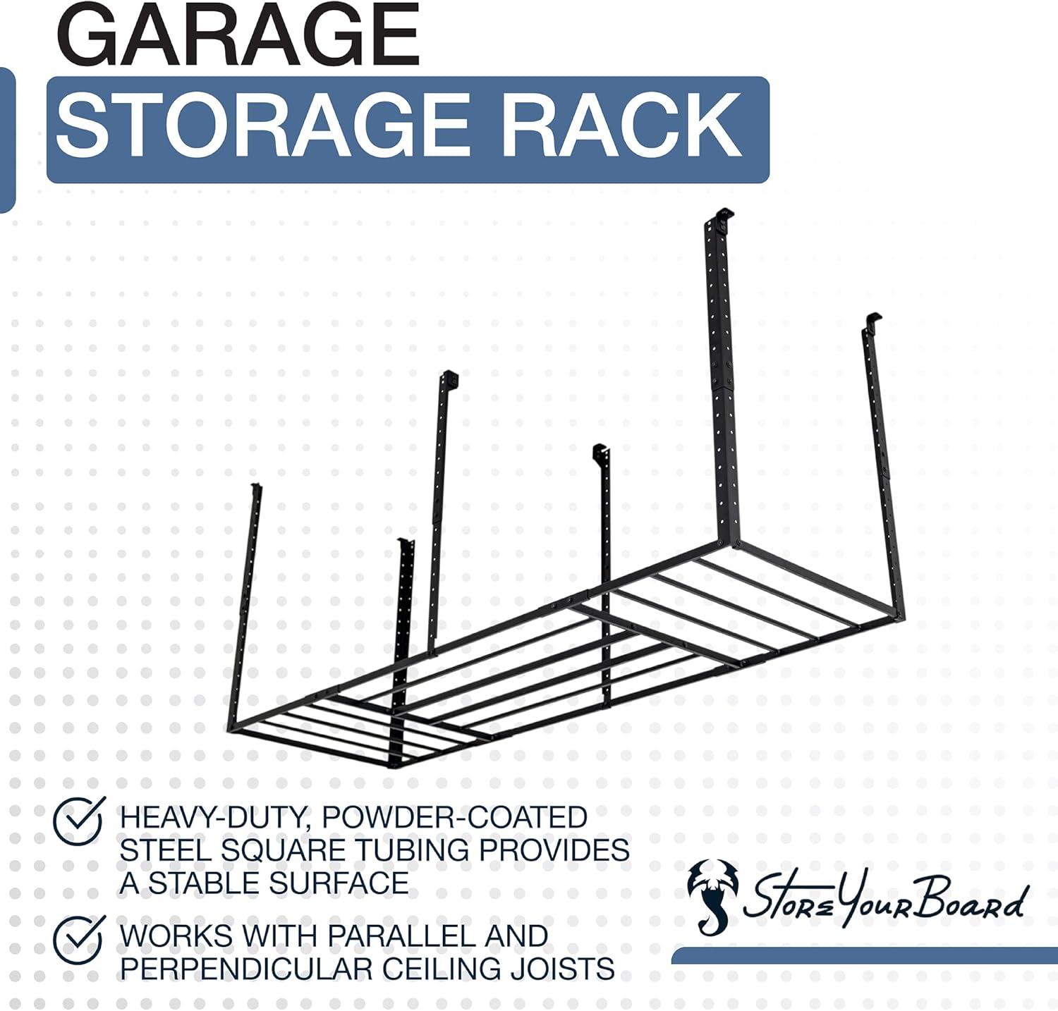 imageStoreYourBoard 4 x 8 Overhead Garage Storage Rack Ceiling Shelf Overhead Organization Heavy Duty Steel Platform Holds 700 lbs 96 in x 48 in x 40 in3 x 8 ft with Hooks