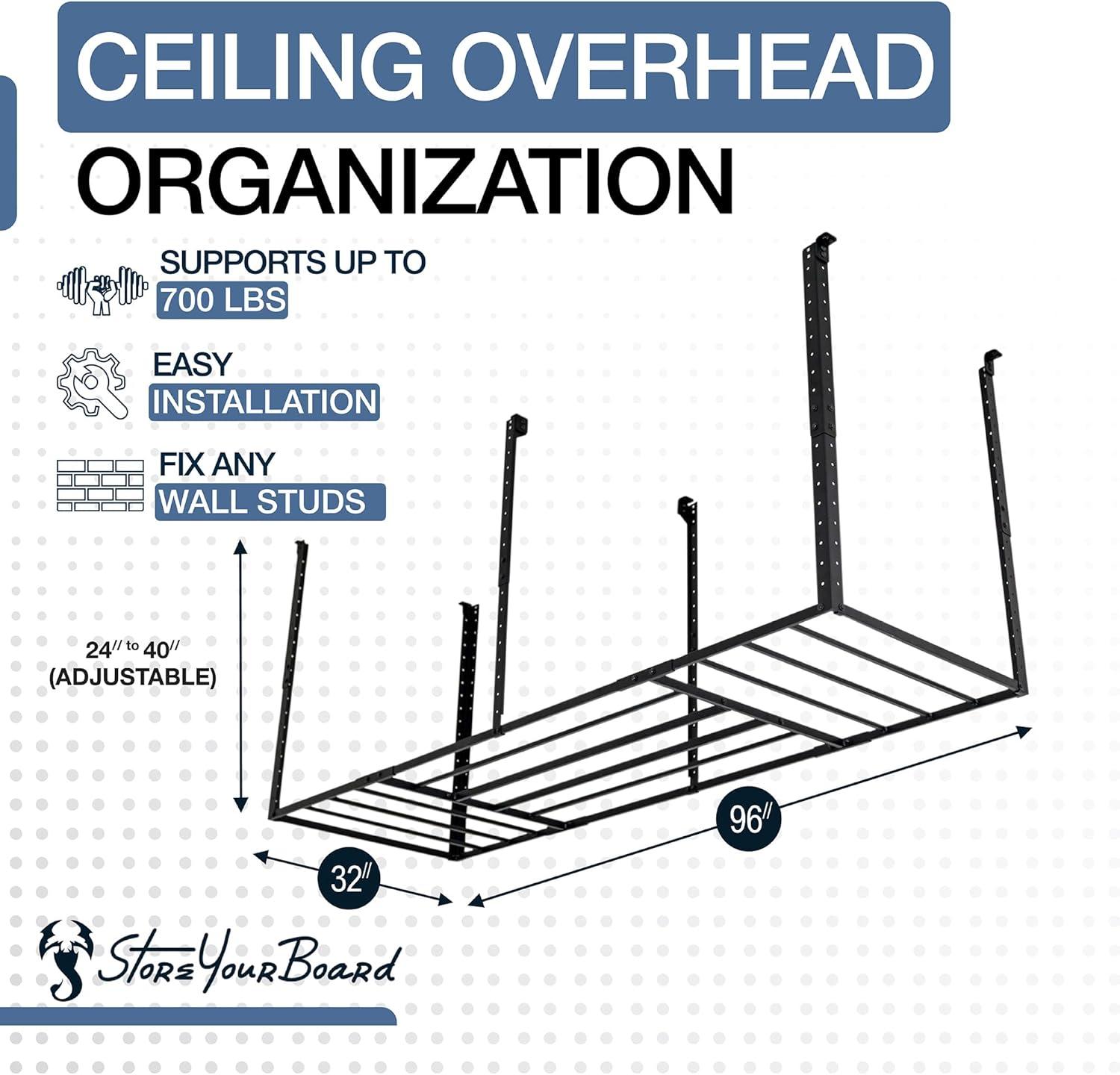 imageStoreYourBoard 4 x 8 Overhead Garage Storage Rack Ceiling Shelf Overhead Organization Heavy Duty Steel Platform Holds 700 lbs 96 in x 48 in x 40 in3 x 8 ft with Hooks