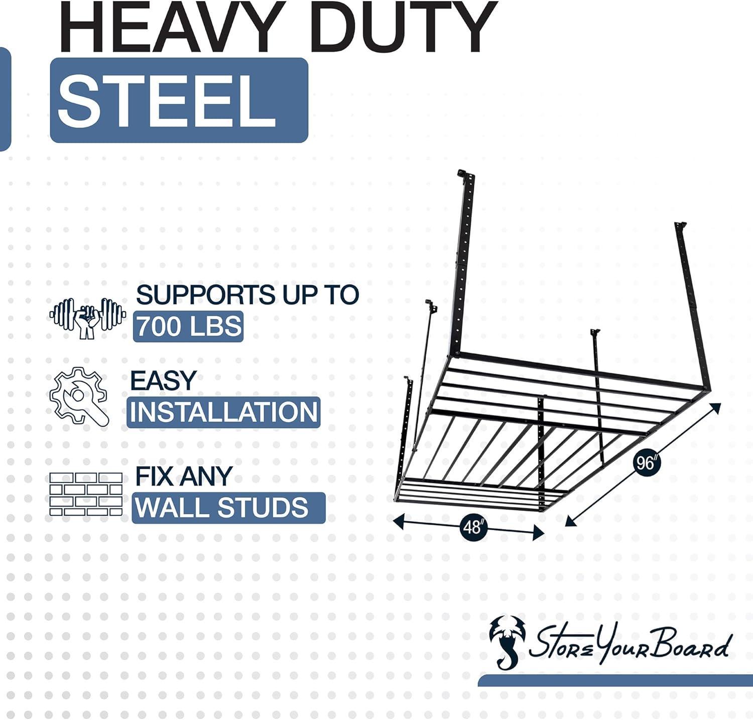 imageStoreYourBoard 4 x 8 Overhead Garage Storage Rack Ceiling Shelf Overhead Organization Heavy Duty Steel Platform Holds 700 lbs 96 in x 48 in x 40 in4 x 8 ft with Hooks