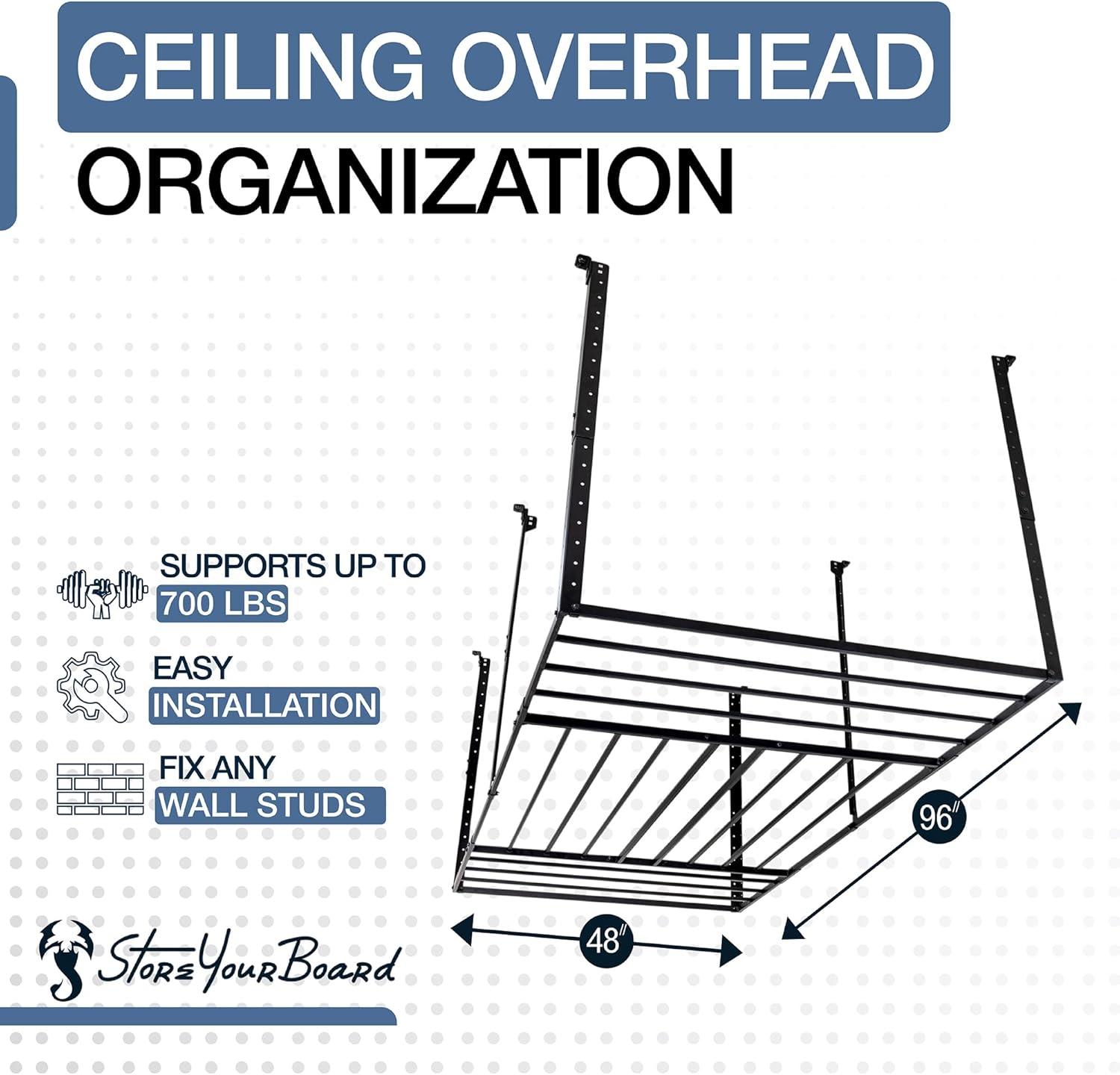 imageStoreYourBoard 4 x 8 Overhead Garage Storage Rack Ceiling Shelf Overhead Organization Heavy Duty Steel Platform Holds 700 lbs 96 in x 48 in x 40 in4 x 8 ft