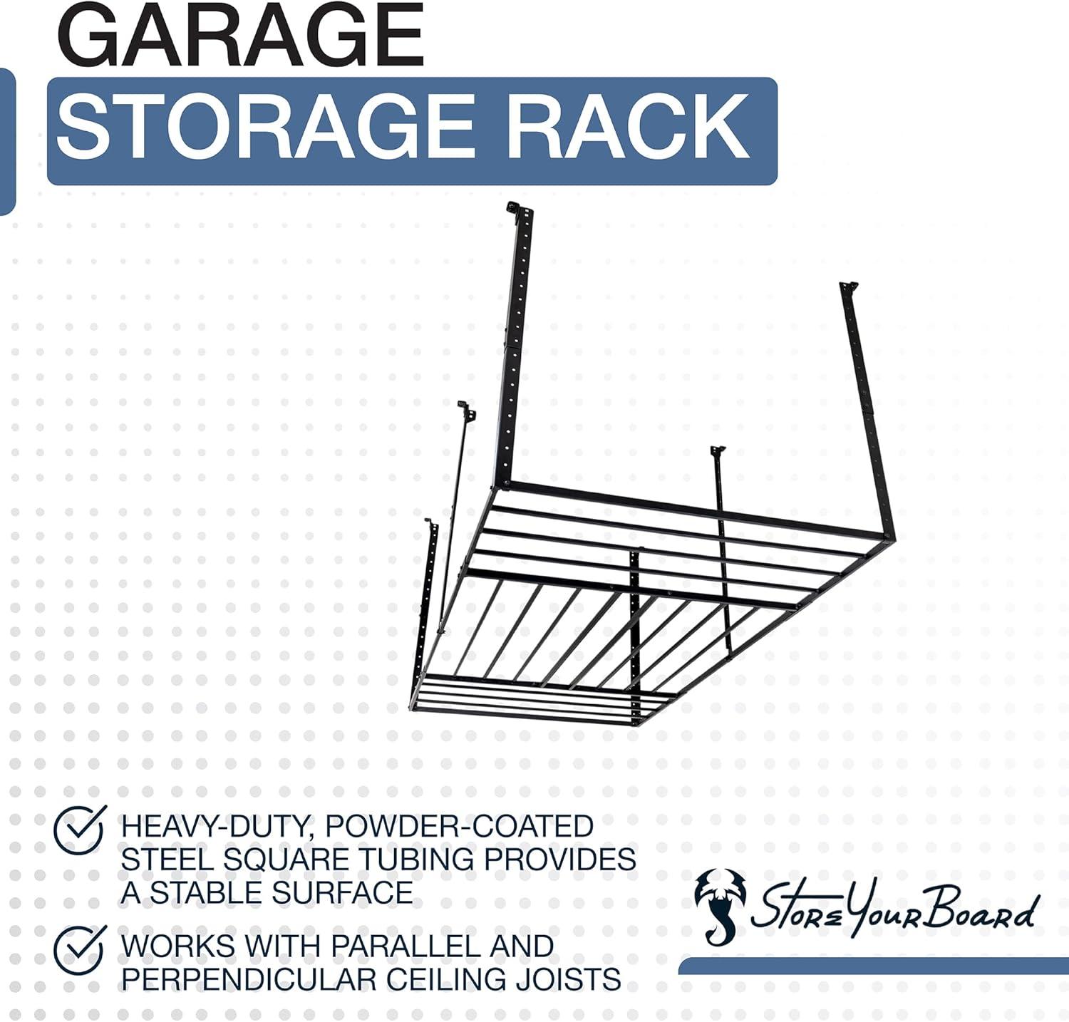 imageStoreYourBoard 4 x 8 Overhead Garage Storage Rack Ceiling Shelf Overhead Organization Heavy Duty Steel Platform Holds 700 lbs 96 in x 48 in x 40 in4 x 8 ft
