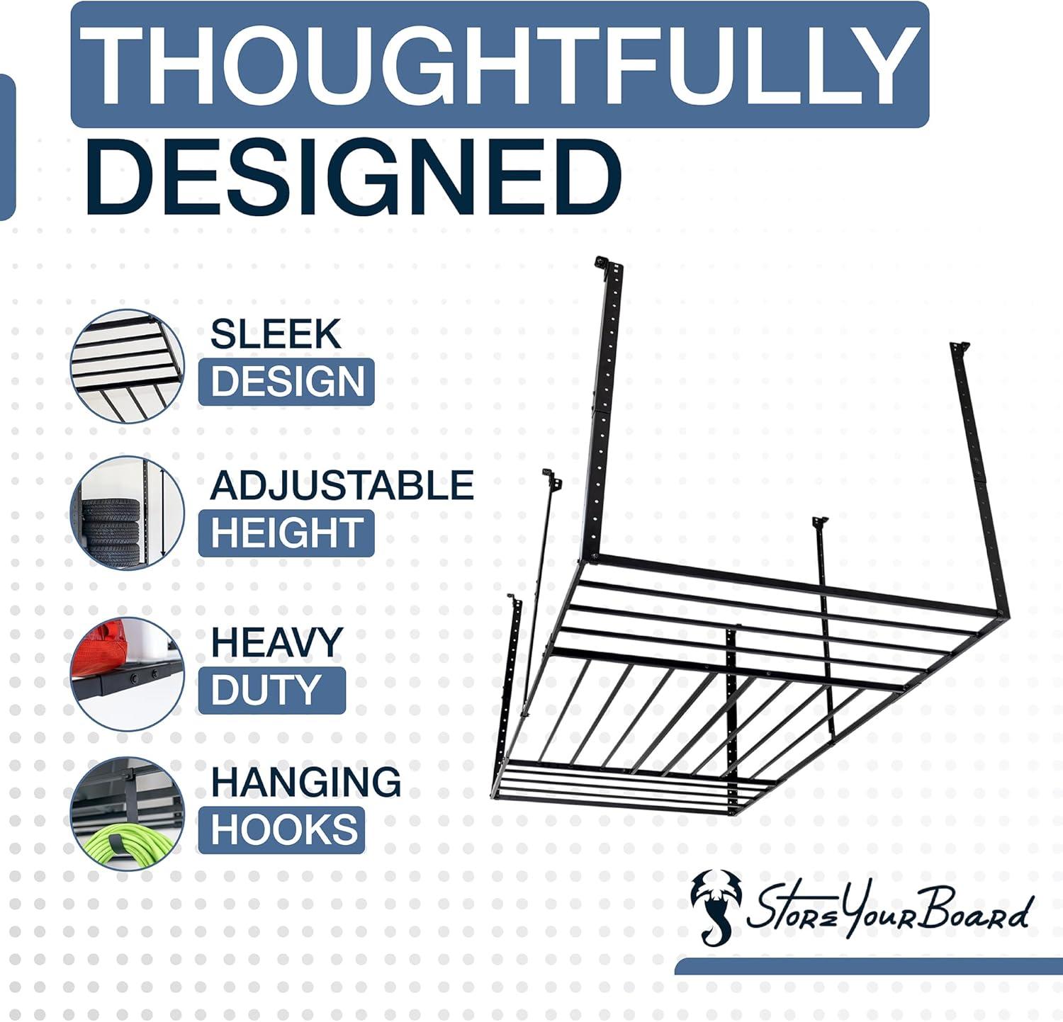 imageStoreYourBoard 4 x 8 Overhead Garage Storage Rack Ceiling Shelf Overhead Organization Heavy Duty Steel Platform Holds 700 lbs 96 in x 48 in x 40 in4 x 8 ft with Hooks