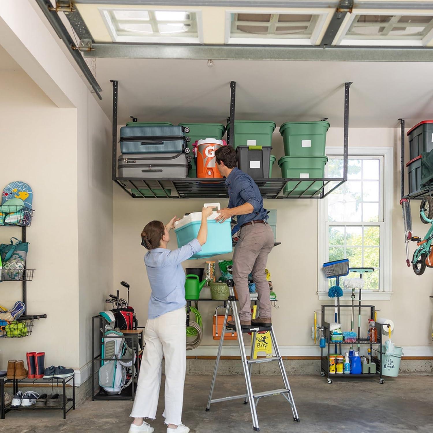 imageStoreYourBoard 4 x 8 Overhead Garage Storage Rack Ceiling Shelf Overhead Organization Heavy Duty Steel Platform Holds 700 lbs 96 in x 48 in x 40 in4 x 8 ft