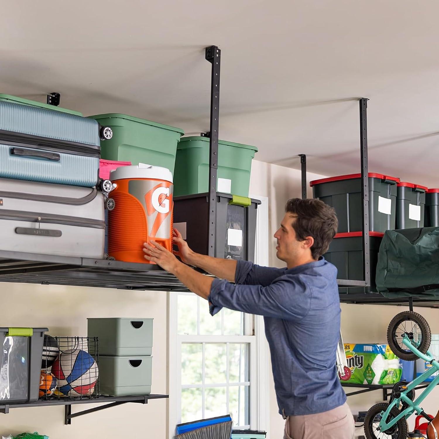 imageStoreYourBoard 4 x 8 Overhead Garage Storage Rack Ceiling Shelf Overhead Organization Heavy Duty Steel Platform Holds 700 lbs 96 in x 48 in x 40 in4 x 8 ft with Hooks