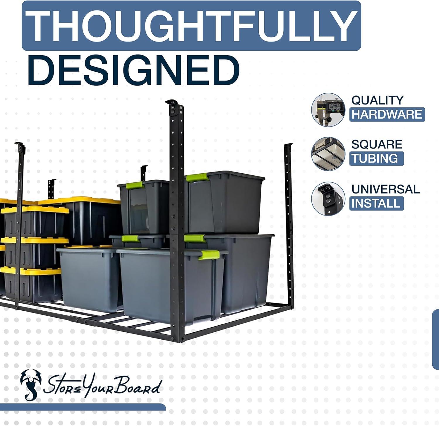 imageStoreYourBoard 4 x 8 Overhead Garage Storage Rack Ceiling Shelf Overhead Organization Heavy Duty Steel Platform Holds 700 lbs 96 in x 48 in x 40 in4 x 8 ft