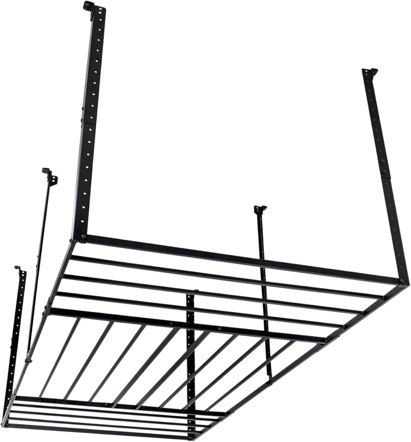 imageStoreYourBoard 4 x 8 Overhead Garage Storage Rack Ceiling Shelf Overhead Organization Heavy Duty Steel Platform Holds 700 lbs 96 in x 48 in x 40 in4 x 8 ft with Hooks