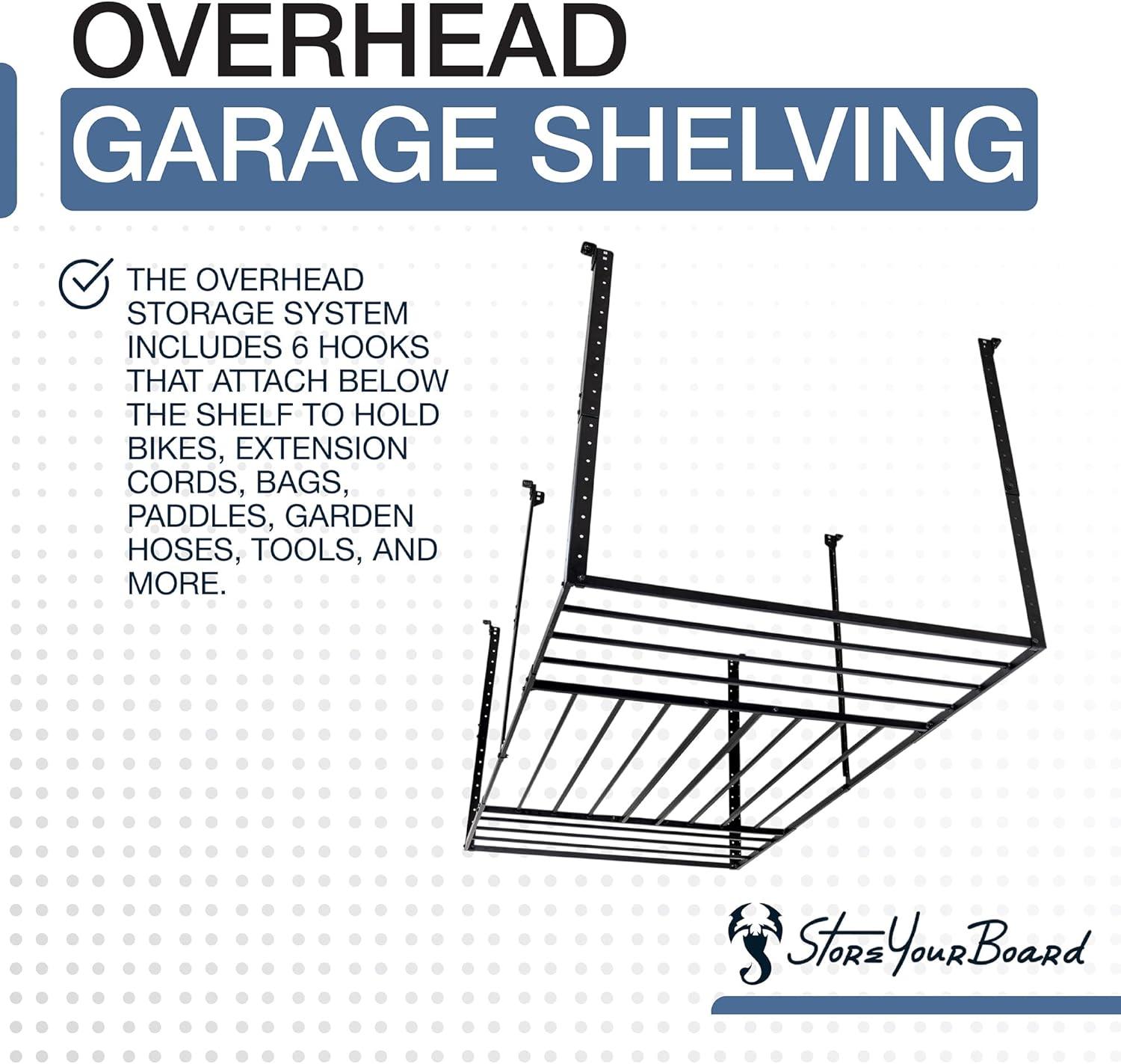 imageStoreYourBoard 4 x 8 Overhead Garage Storage Rack Ceiling Shelf Overhead Organization Heavy Duty Steel Platform Holds 700 lbs 96 in x 48 in x 40 in4 x 8 ft with Hooks