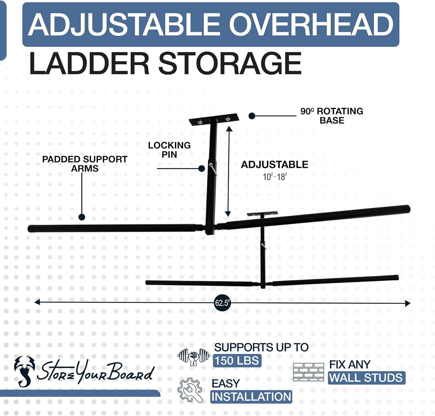 imageStoreYourBoard Adjustable Ceiling Rack  Hi Port 2 Garage Ceiling Ladder Hanger  Adjustable Overhead Ladder Storage for Step ampamp Extension Ladders  Garage Organization  Holds 75 lbsFull