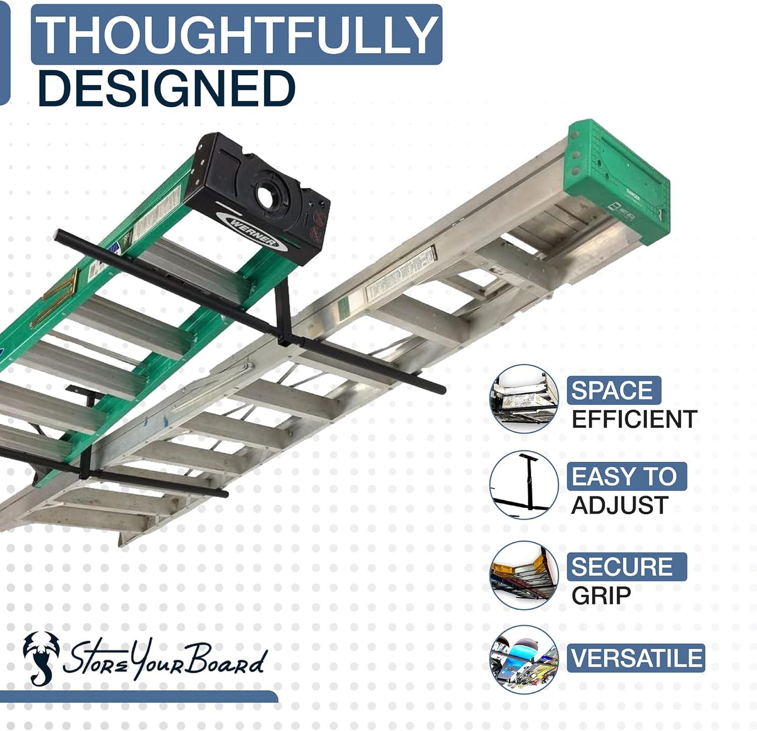 imageStoreYourBoard Adjustable Ceiling Rack  Hi Port 2 Garage Ceiling Ladder Hanger  Adjustable Overhead Ladder Storage for Step ampamp Extension Ladders  Garage Organization  Holds 75 lbsFull