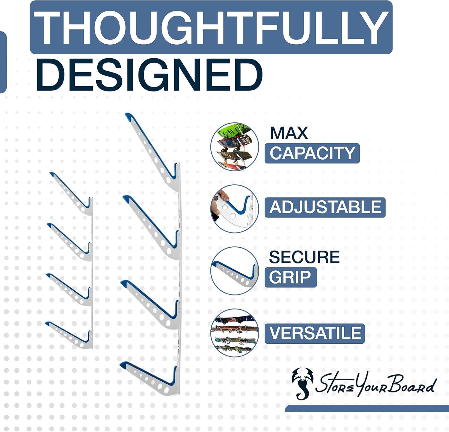 imageStoreYourBoard Adjustable Wakeboard Storage Rack  Wall Mount 4 Level Display Heavy Duty Water Sports Gear Hanger for Wakeboards Wakesurf Boards and More Holds up to 100 lbsWhite