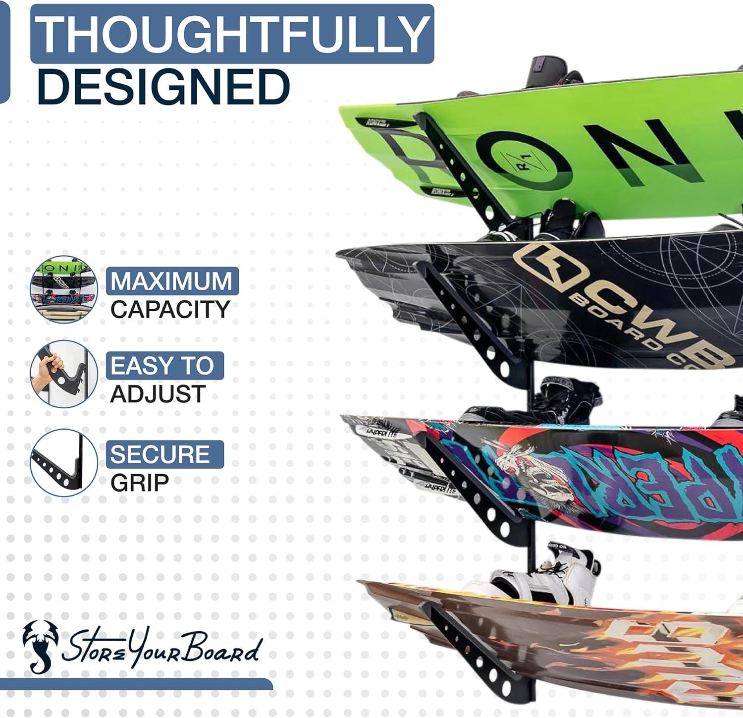 imageStoreYourBoard Adjustable Wakeboard Storage Rack  Wall Mount 4 Level Display Heavy Duty Water Sports Gear Hanger for Wakeboards Wakesurf Boards and More Holds up to 100 lbsBlack