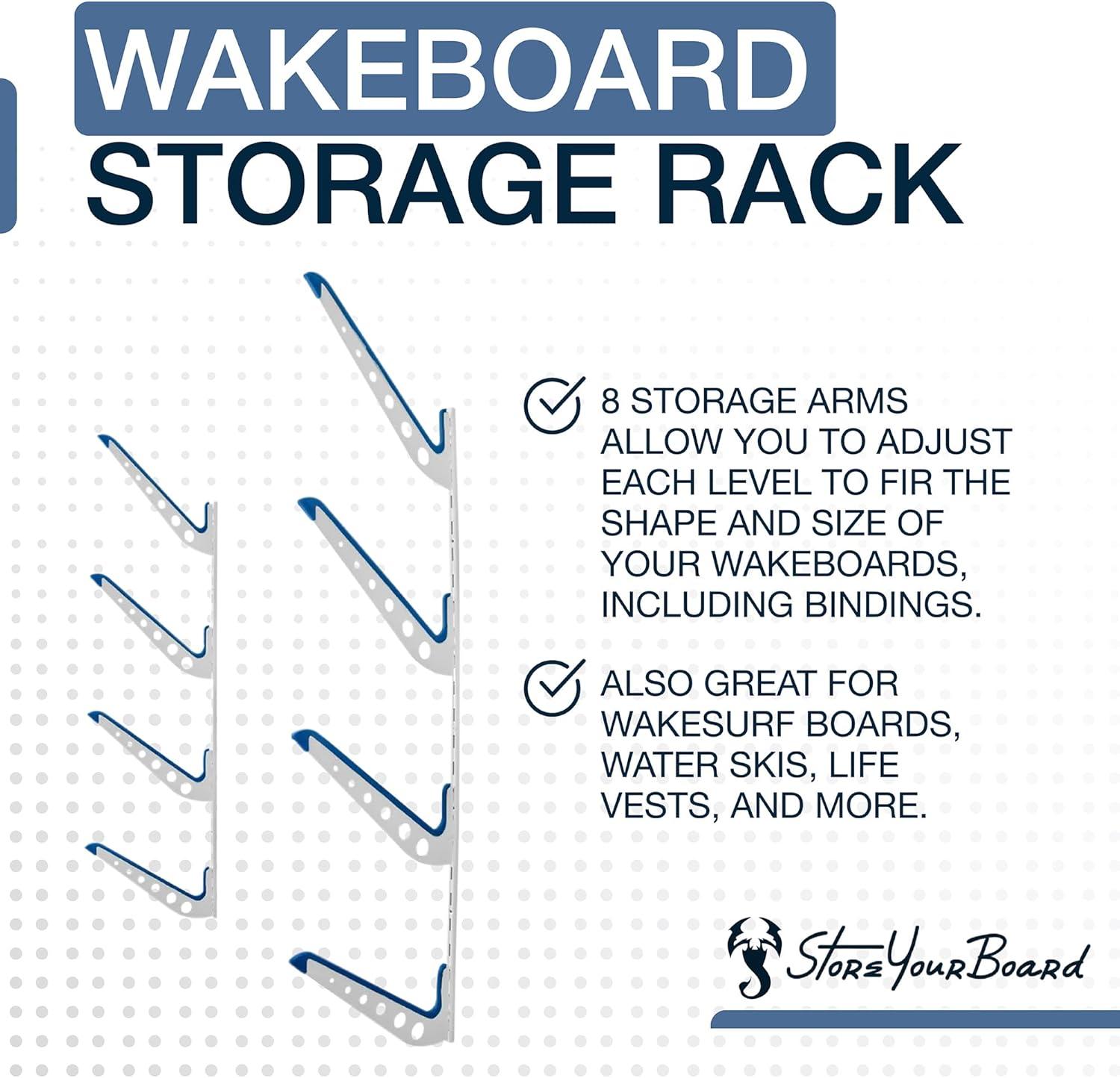 imageStoreYourBoard Adjustable Wakeboard Storage Rack  Wall Mount 4 Level Display Heavy Duty Water Sports Gear Hanger for Wakeboards Wakesurf Boards and More Holds up to 100 lbsWhite