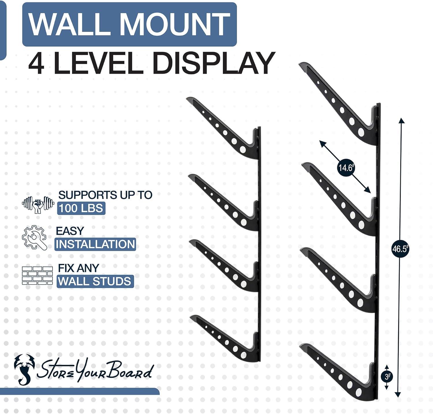 imageStoreYourBoard Adjustable Wakeboard Storage Rack  Wall Mount 4 Level Display Heavy Duty Water Sports Gear Hanger for Wakeboards Wakesurf Boards and More Holds up to 100 lbsBlack