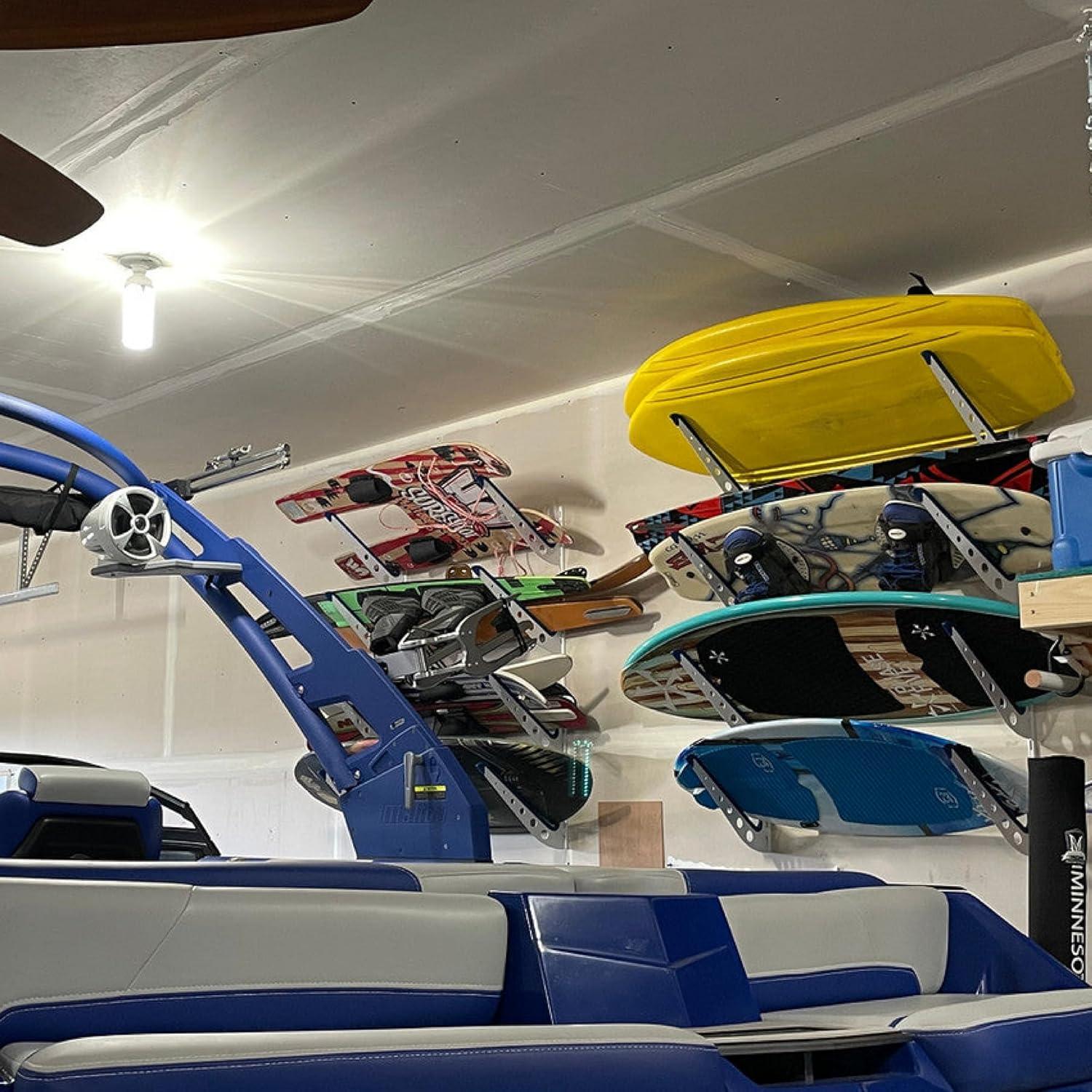 imageStoreYourBoard Adjustable Wakeboard Storage Rack  Wall Mount 4 Level Display Heavy Duty Water Sports Gear Hanger for Wakeboards Wakesurf Boards and More Holds up to 100 lbsBlack