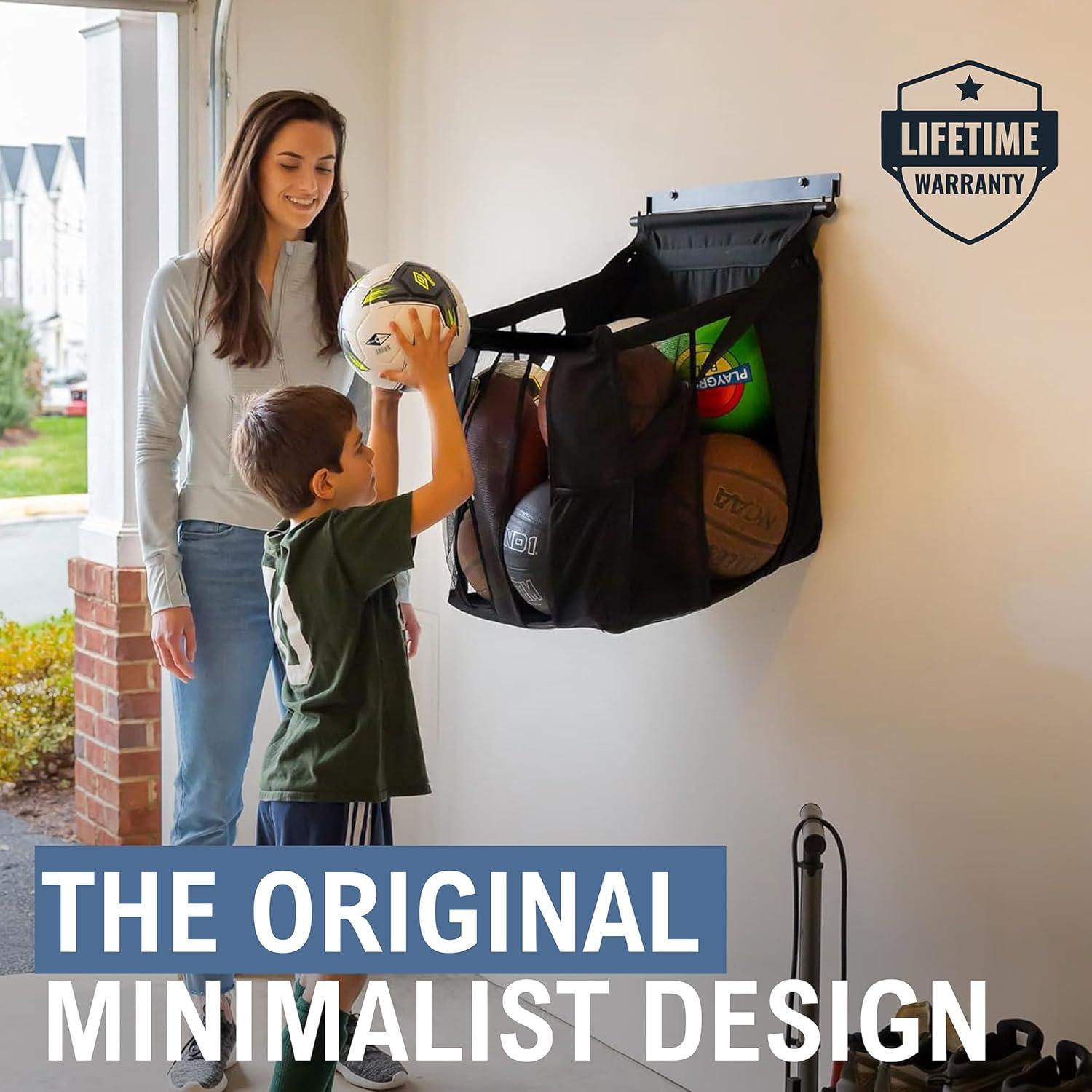 imageStoreYourBoard Basketball Wall Mount Sports Ball Rack 20x18x22 Ball Storage for 50 lbs of Basketballs Soccer Balls Volleyballs Footballs Openings for Easy Access Garage Organization