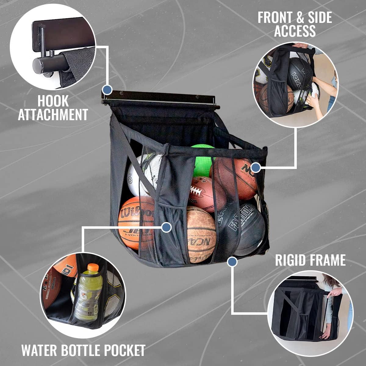 imageStoreYourBoard Basketball Wall Mount Sports Ball Rack 20x18x22 Ball Storage for 50 lbs of Basketballs Soccer Balls Volleyballs Footballs Openings for Easy Access Garage Organization