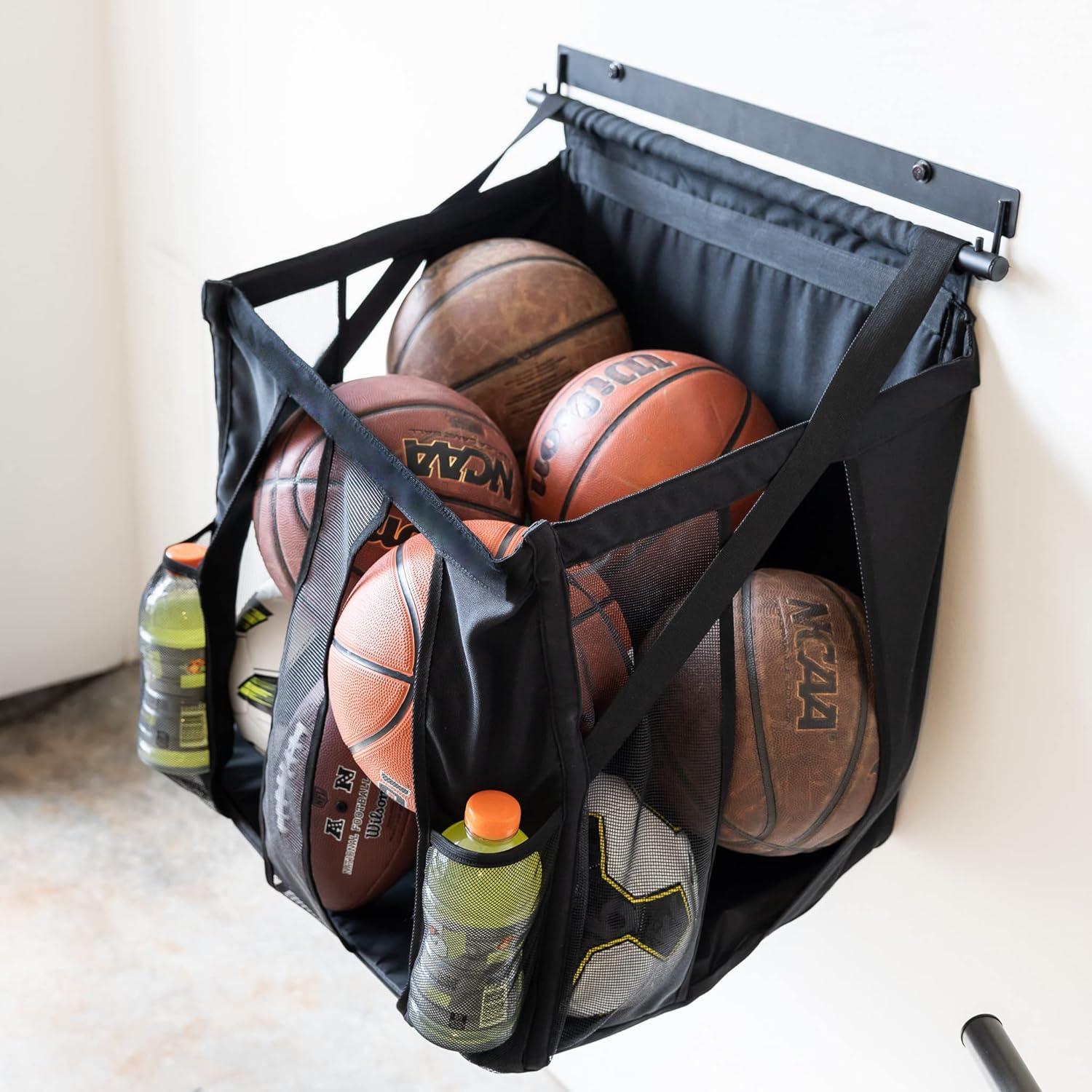 imageStoreYourBoard Basketball Wall Mount Sports Ball Rack 20x18x22 Ball Storage for 50 lbs of Basketballs Soccer Balls Volleyballs Footballs Openings for Easy Access Garage Organization
