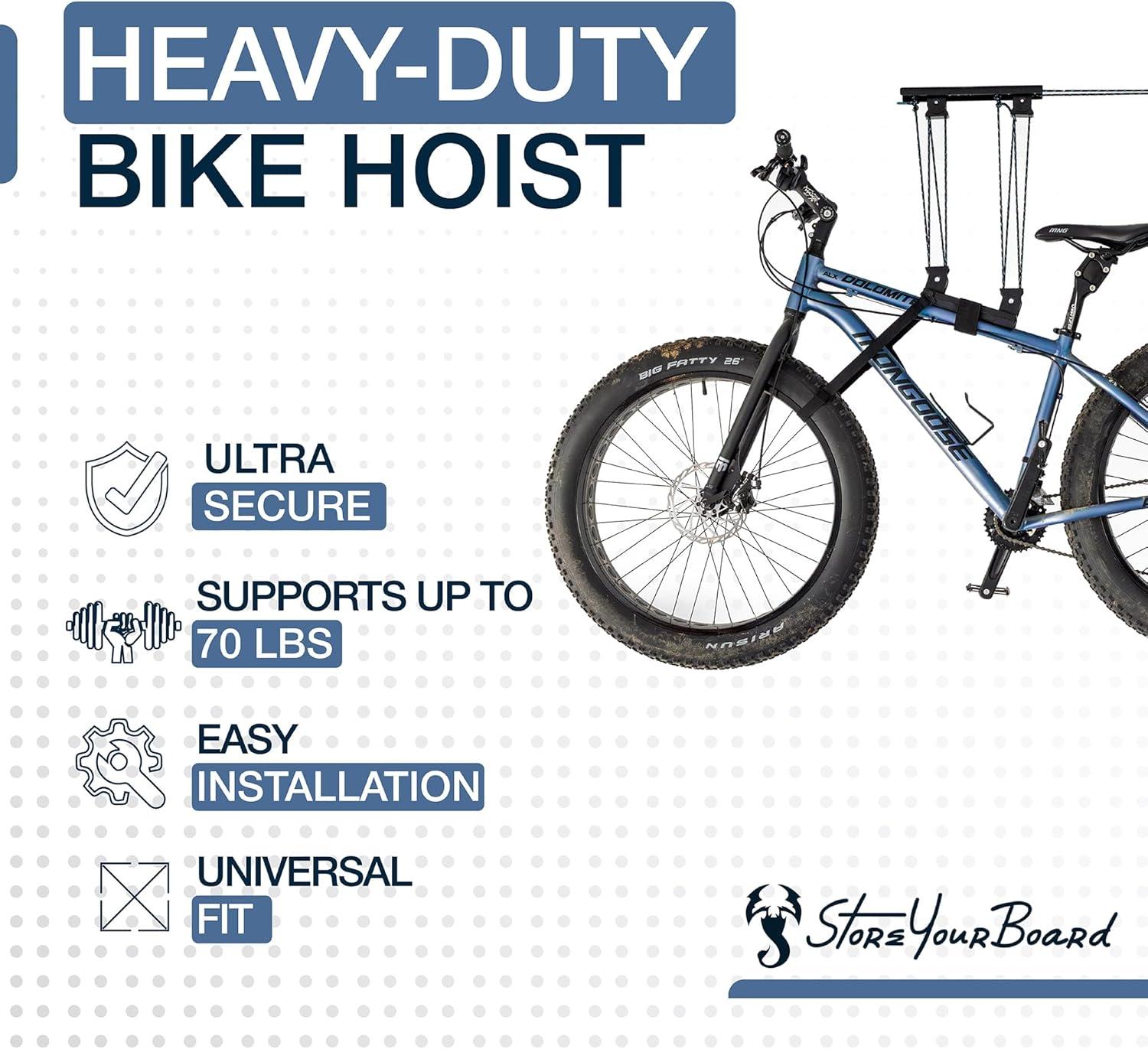 imageStoreYourBoard Bike Hoist NoSlip Bicycle Ceiling Storage HeavyDuty Garage Pulley Lift System Road MTB Fat Tire Ebike Hanger