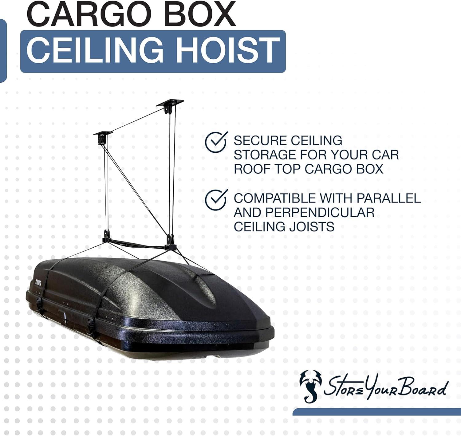 imageStoreYourBoard Cargo Box Ceiling Hoist  HeavyDuty Garage Pulley Lift System for Rooftop Carriers Fits 810 ft Ceilings Cargo Box Storage Garage Organization Holds 150 lbs8  10 ft Ceiling