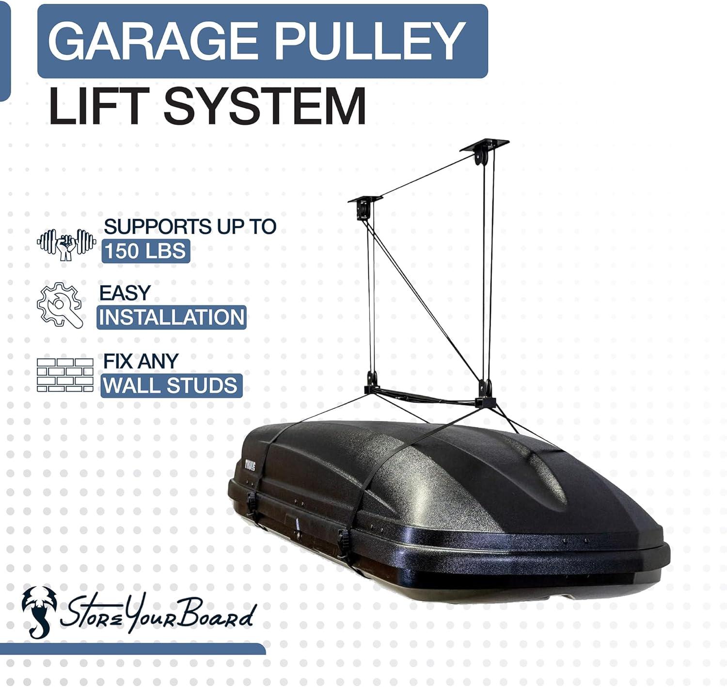 imageStoreYourBoard Cargo Box Ceiling Hoist  HeavyDuty Garage Pulley Lift System for Rooftop Carriers Fits 810 ft Ceilings Cargo Box Storage Garage Organization Holds 150 lbs8  10 ft Ceiling