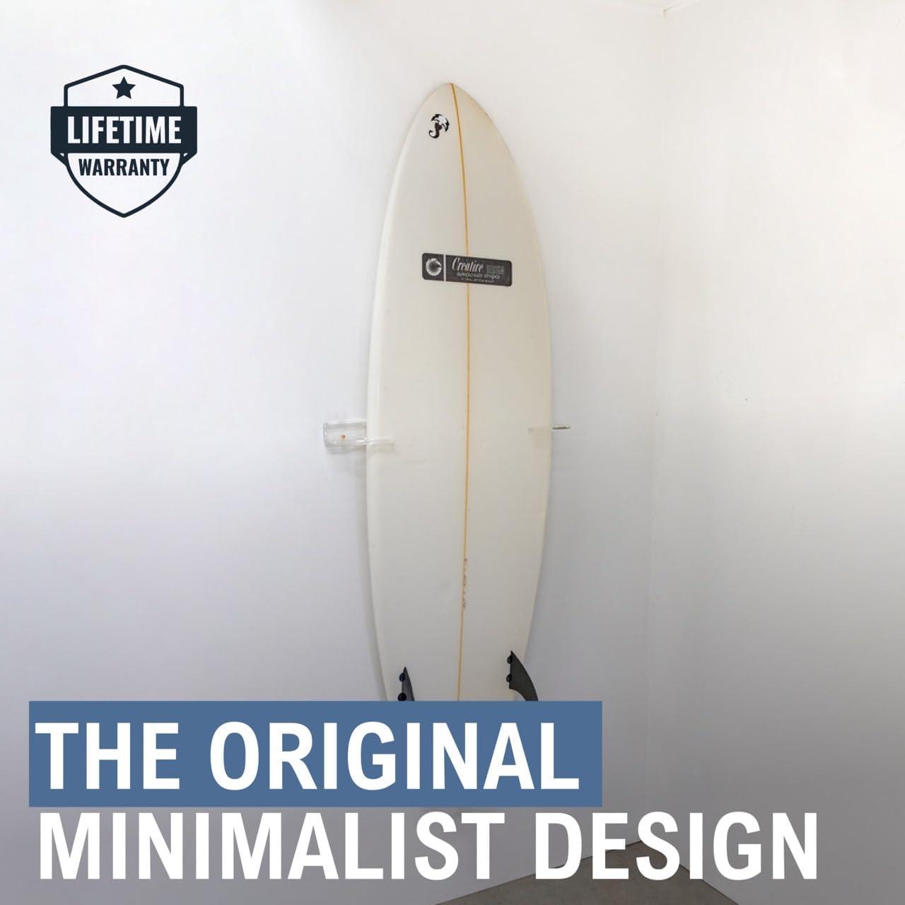 imageStoreYourBoard Floating Surfboard Wall Mount Clear Acrylic Surf Board Display Indoor Surfboard Wall Decor Vertical Surfboard Rack for Shortboards Fish Boards and Funboards Holds 50 lbs