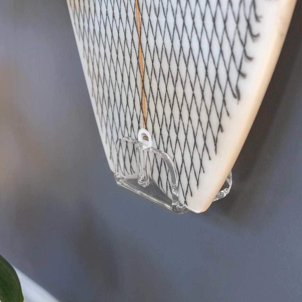 imageStoreYourBoard Floating Surfboard Wall Mount Clear Acrylic Surf Board Display Indoor Surfboard Wall Decor Vertical Surfboard Rack for Shortboards Fish Boards and Funboards Holds 50 lbs