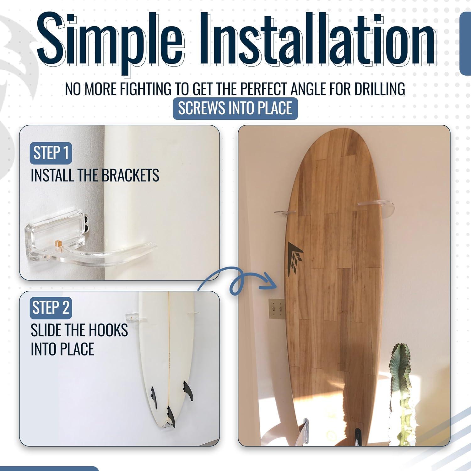 imageStoreYourBoard Floating Surfboard Wall Mount Clear Acrylic Surf Board Display Indoor Surfboard Wall Decor Vertical Surfboard Rack for Shortboards Fish Boards and Funboards Holds 50 lbs