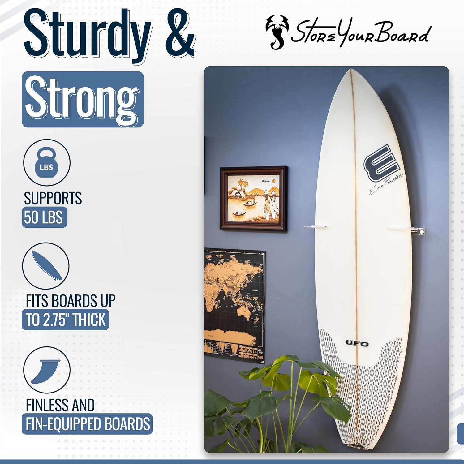 imageStoreYourBoard Floating Surfboard Wall Mount Clear Acrylic Surf Board Display Indoor Surfboard Wall Decor Vertical Surfboard Rack for Shortboards Fish Boards and Funboards Holds 50 lbs