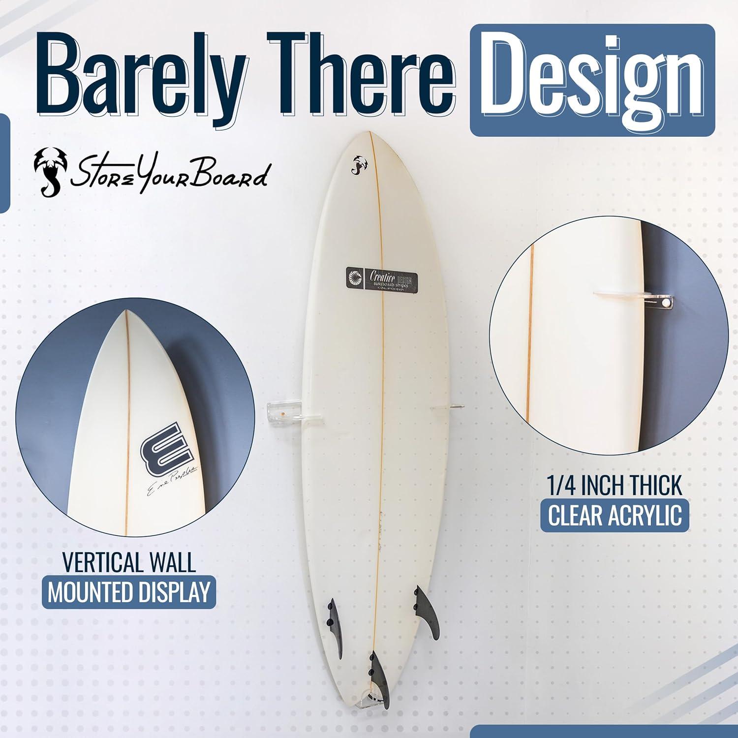 imageStoreYourBoard Floating Surfboard Wall Mount Clear Acrylic Surf Board Display Indoor Surfboard Wall Decor Vertical Surfboard Rack for Shortboards Fish Boards and Funboards Holds 50 lbs