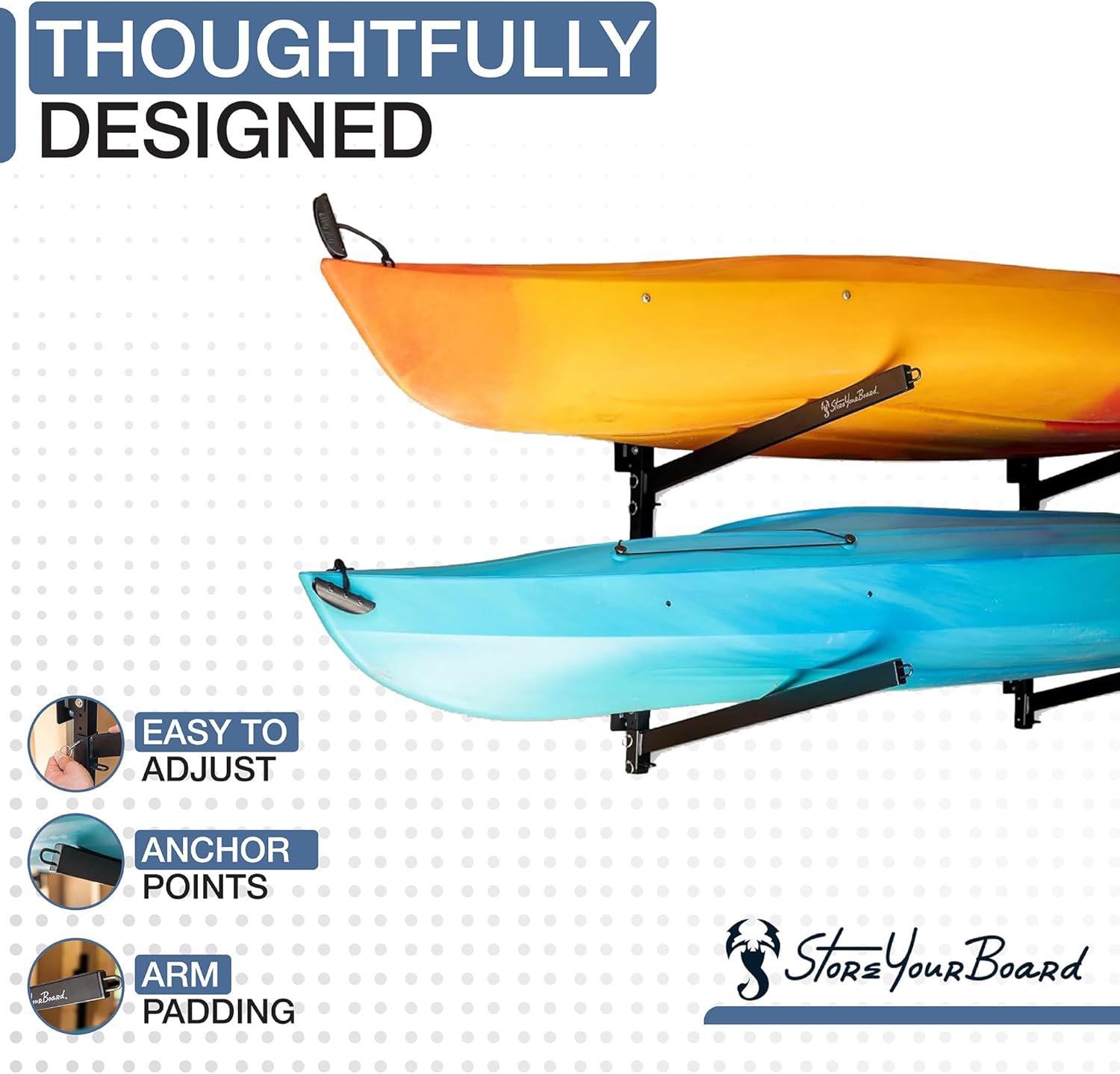 imageStoreYourBoard GKayak Wall Storage Rack  HeavyDuty Outdoor Kayak Rack for 2 Boats Adjustable Wall Mount Hanger Holds 200 lbs Silver 265 L x 4 W x 30 HIndoor  2 Kayaks