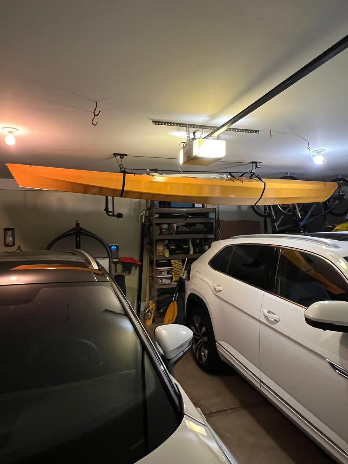 imageStoreYourBoard Kayak and Canoe Ceiling Hoist  Overhead Garage Storage Rack for Kayaks Canoes and Paddle Gear  Heavy Duty Pulley System Indoor Ceiling Mount10 Ft  14 Ft Ceiling