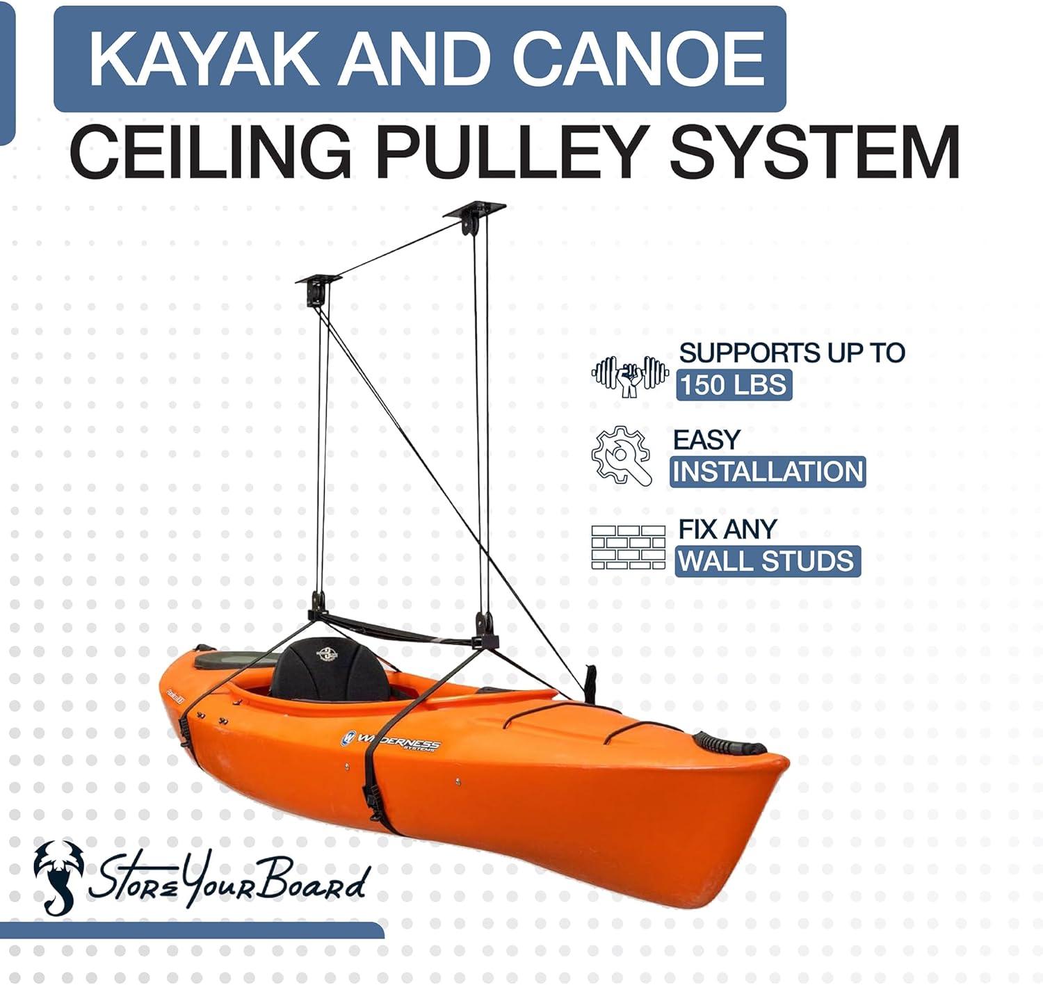 imageStoreYourBoard Kayak and Canoe Ceiling Hoist  Overhead Garage Storage Rack for Kayaks Canoes and Paddle Gear  Heavy Duty Pulley System Indoor Ceiling Mount10 Ft  14 Ft Ceiling