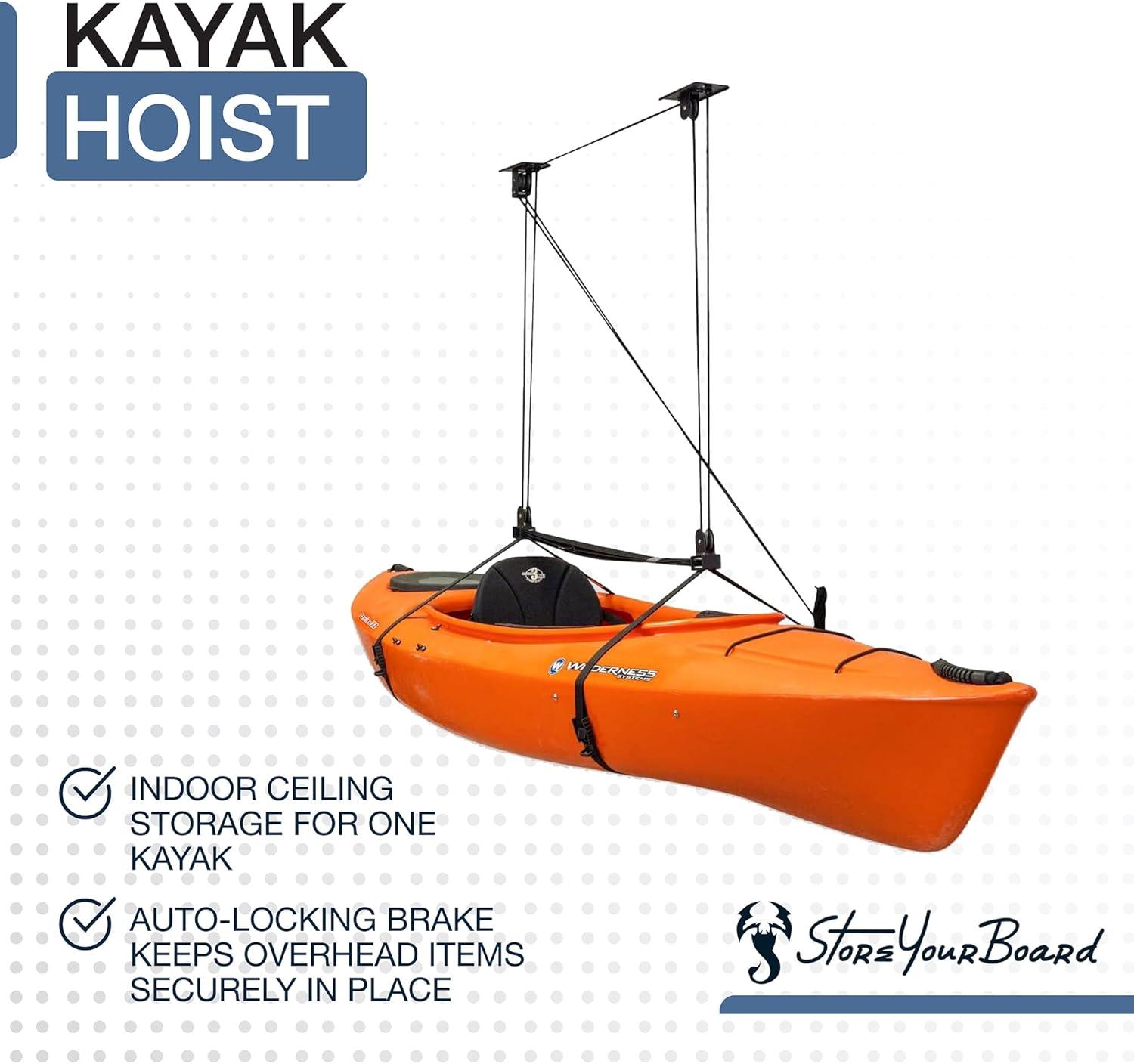 imageStoreYourBoard Kayak and Canoe Ceiling Hoist  Overhead Garage Storage Rack for Kayaks Canoes and Paddle Gear  Heavy Duty Pulley System Indoor Ceiling Mount10 Ft  14 Ft Ceiling