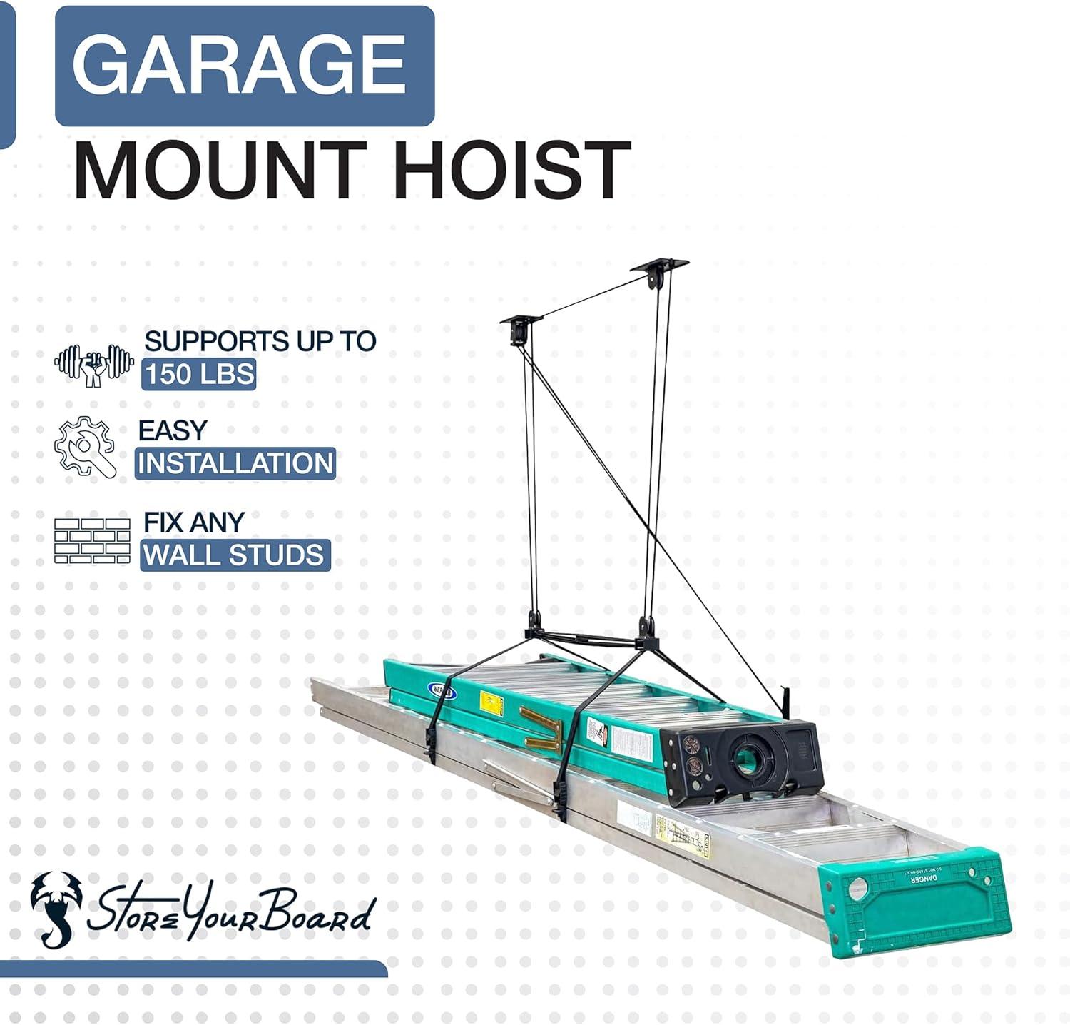imageStoreYourBoard Ladder Storage Ceiling Pulley System Garage Mount Hoist Heavy Duty Hanging Organizer Holds 150 lbs8 ft  10 ft Ceiling