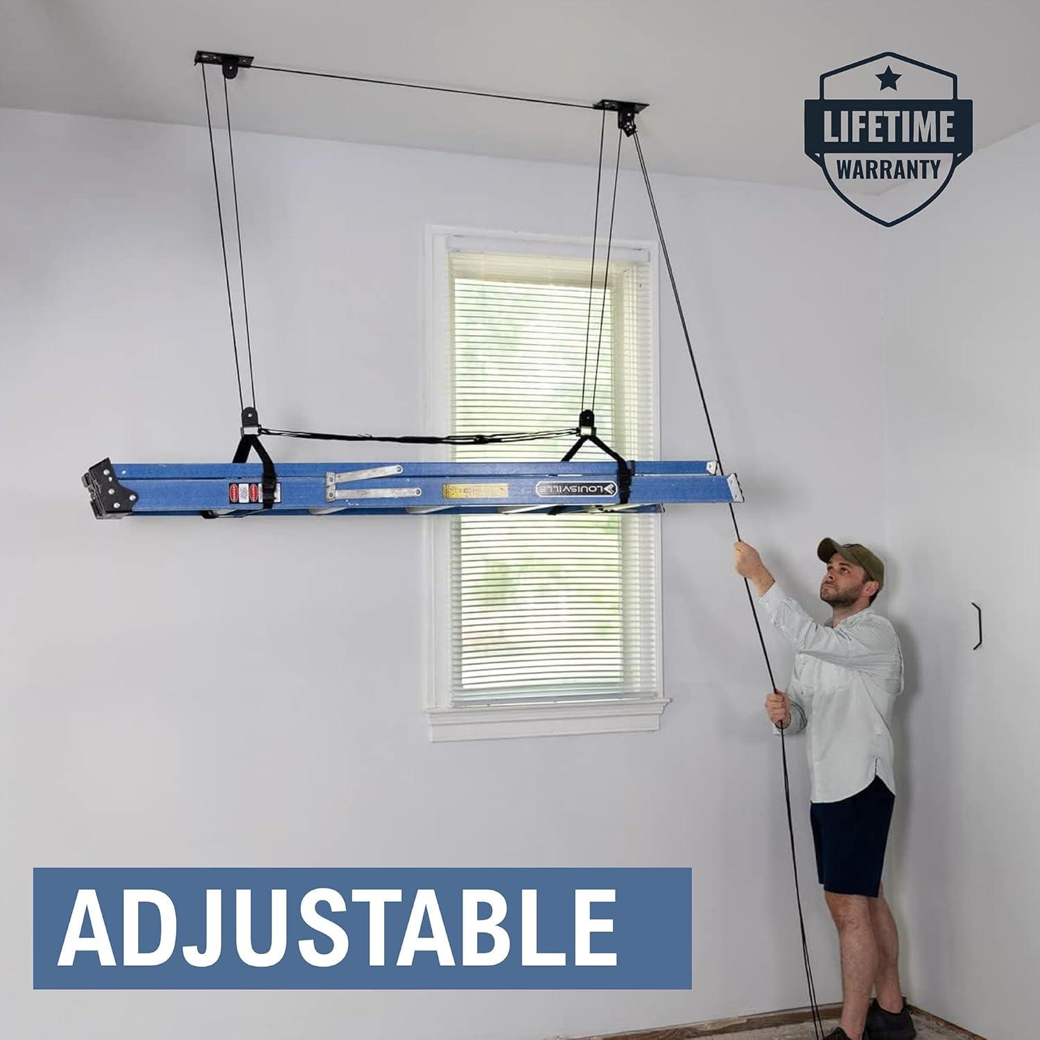 imageStoreYourBoard Ladder Storage Ceiling Pulley System Garage Mount Hoist Heavy Duty Hanging Organizer Holds 150 lbs8 ft  10 ft Ceiling