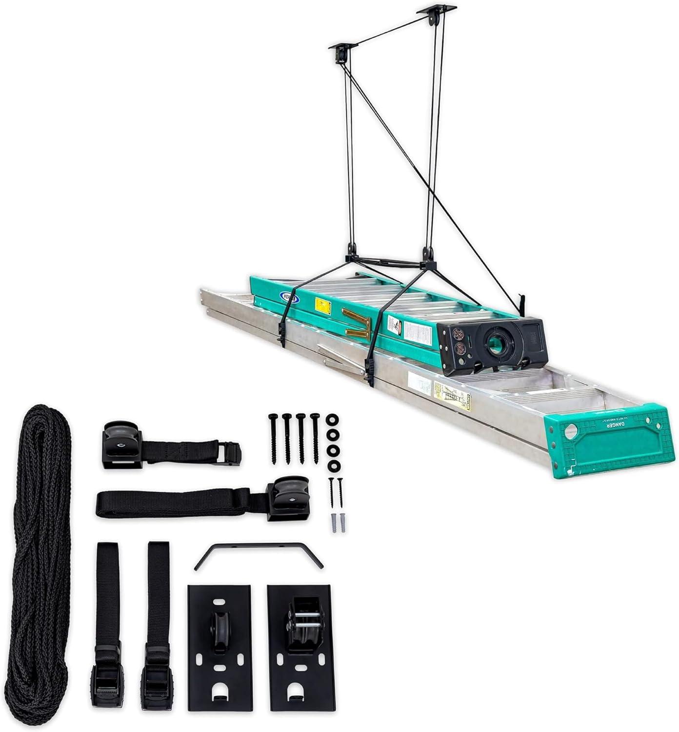 imageStoreYourBoard Ladder Storage Ceiling Pulley System Garage Mount Hoist Heavy Duty Hanging Organizer Holds 150 lbs8 ft  10 ft Ceiling