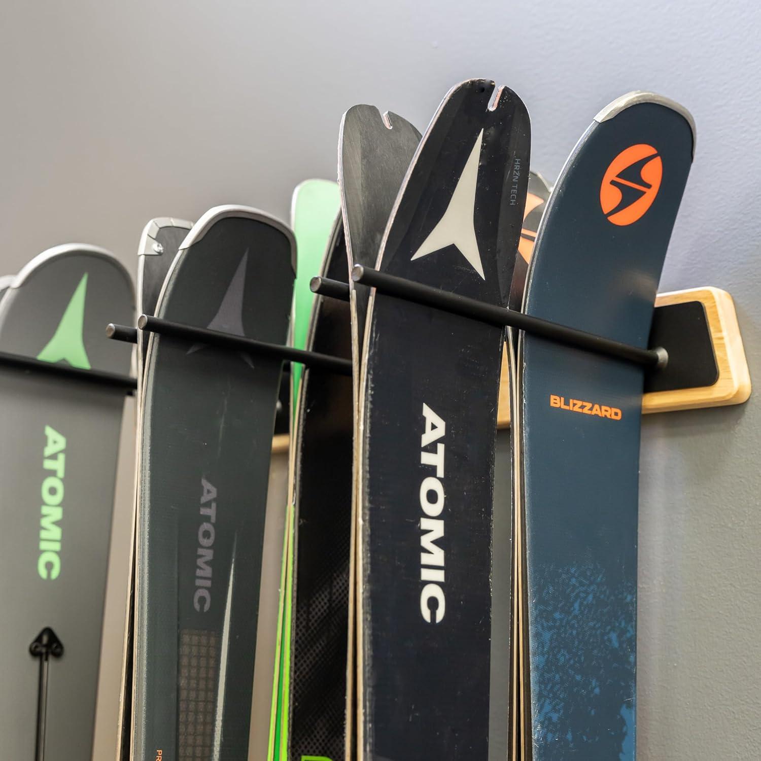 imageStoreYourBoard Natural Wood Ski Rack Wall Mount 6 Ski Storage Indoor or Garage Wood and Steel Holds 150 lbs