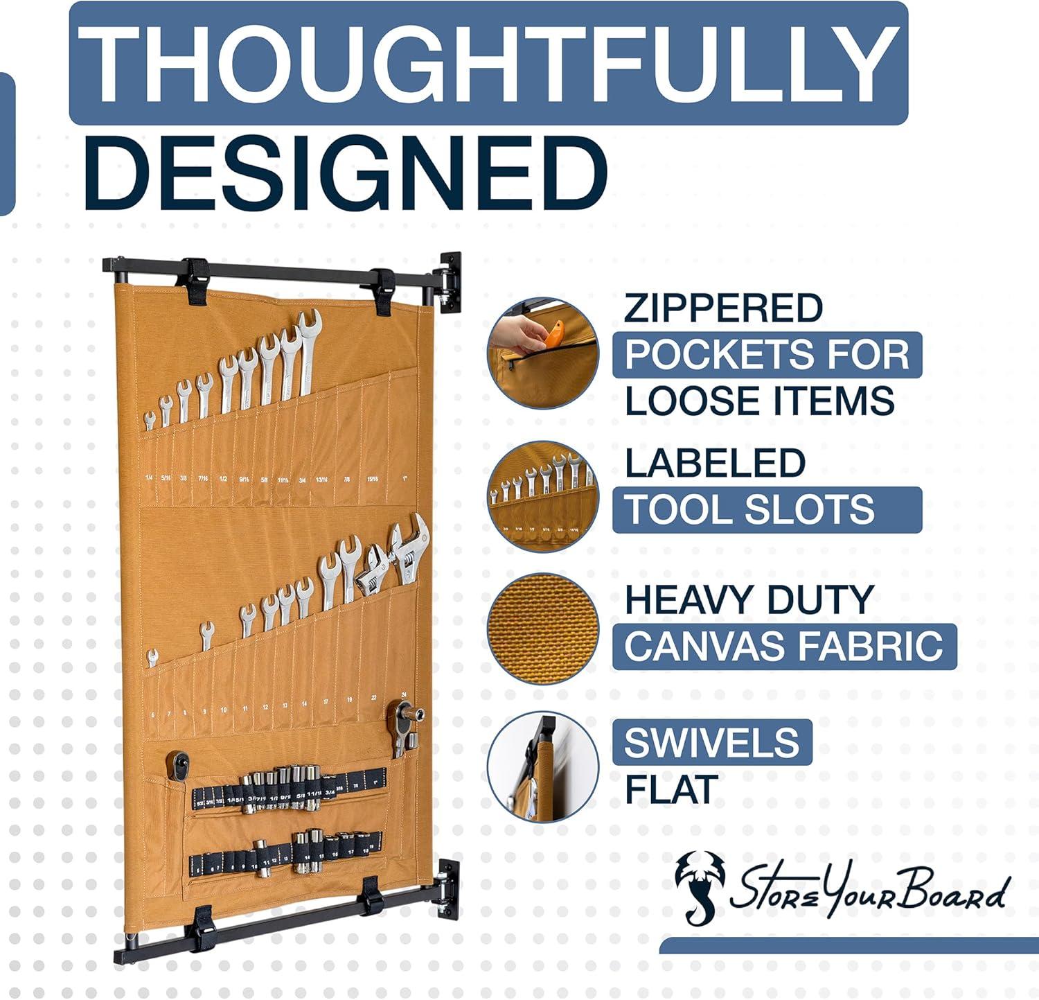 imageStoreYourBoard Pivot Panel Tool Storage Swivel Workshop Organizer for Wrenches Screwdrivers ampamp Sockets Metric ampamp Imperial Labeled Slots Harvest TanHarvest Tan