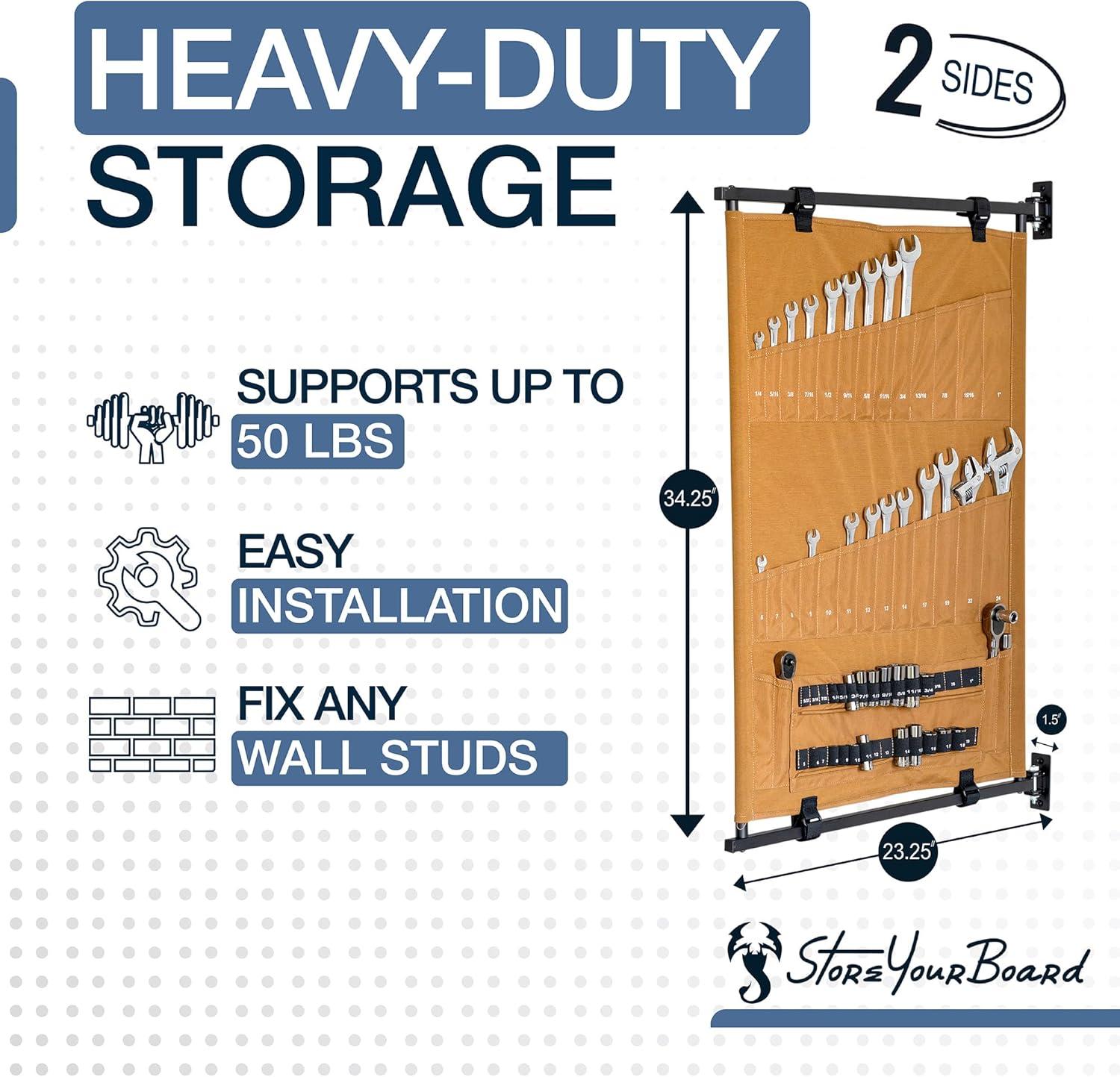 imageStoreYourBoard Pivot Panel Tool Storage Swivel Workshop Organizer for Wrenches Screwdrivers ampamp Sockets Metric ampamp Imperial Labeled Slots Harvest TanHarvest Tan